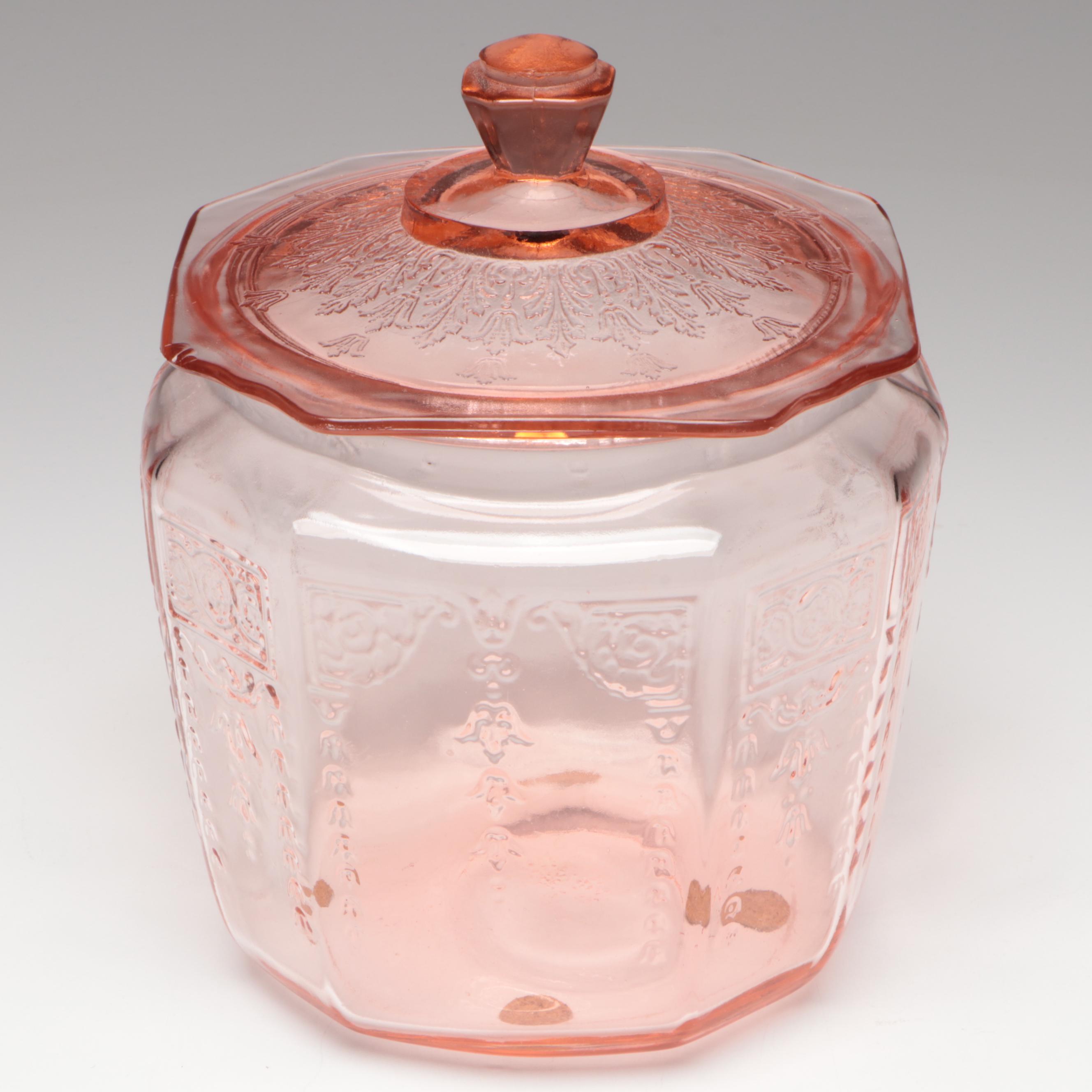 Pink Depression Glass Biscuit Jar with Serving and Sauce Bowls