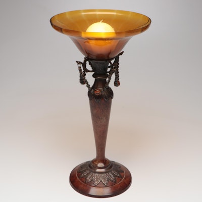 Victorian Style Beaded Amber Glass and Patinated Metal Candlestick