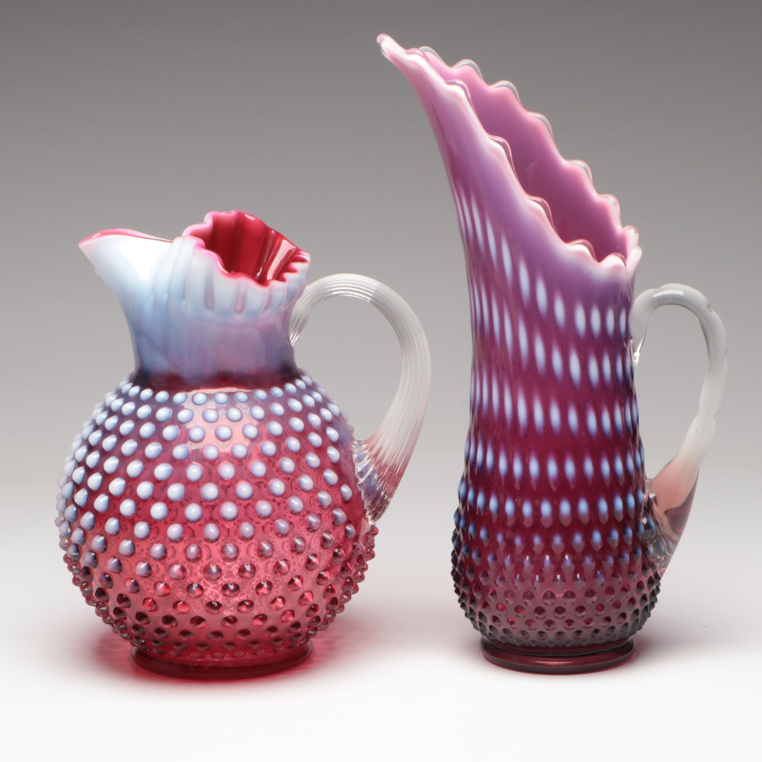 Fenton Hobnail Plum Opalescent Glass Pitcher and Swung Pitcher