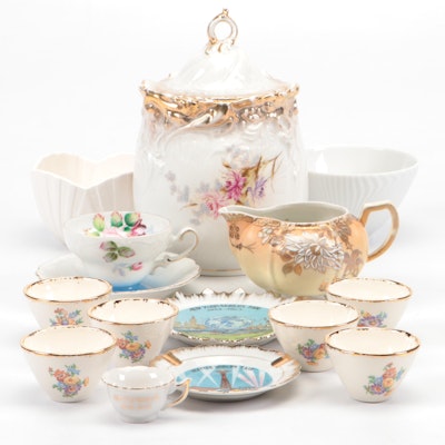 1962 Seattle World's Fair Gilt Porcelain Teacups with Dresden Biscuit Jar