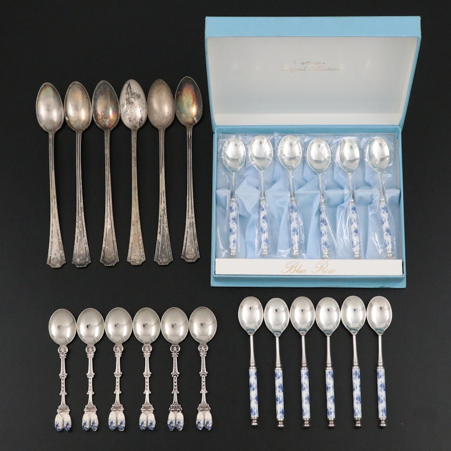 Japanese Martian "Blue Rose" Porcelain Handled Spoons and More Silver Plate