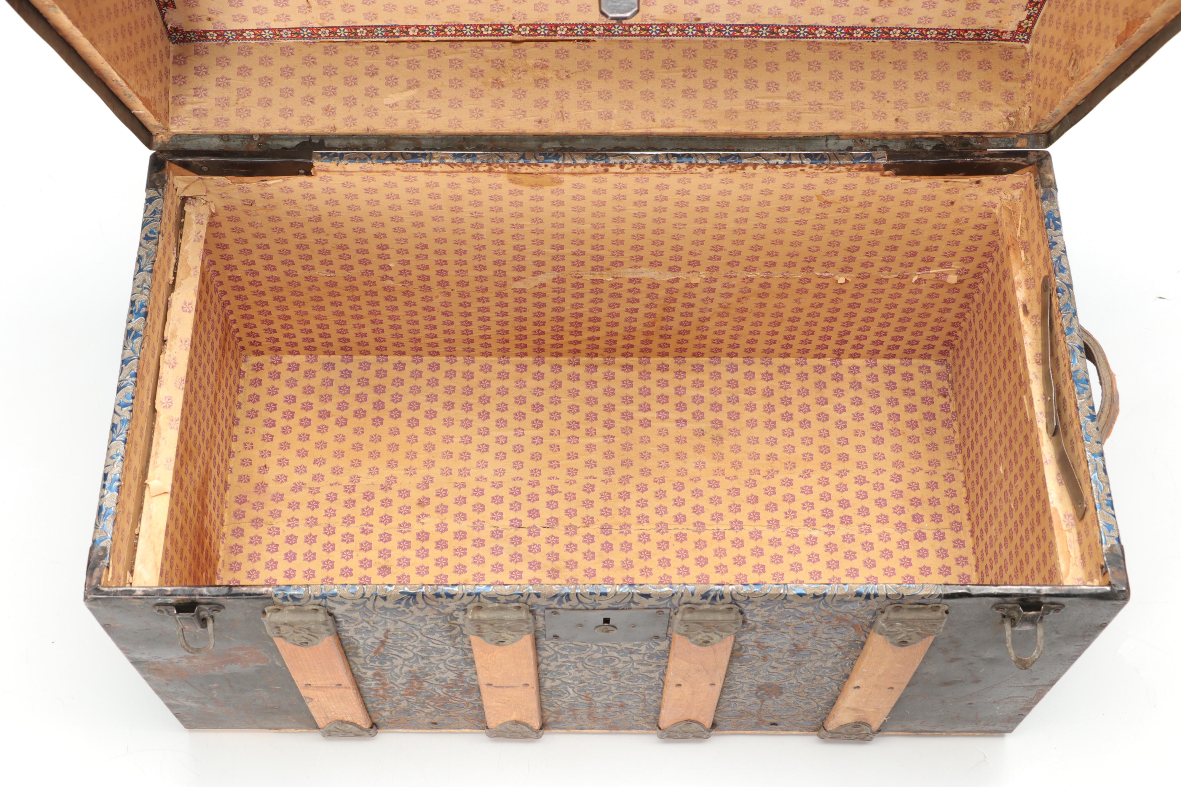 Wood and Pressed Tin Victorian Camel Back Steamer Trunk