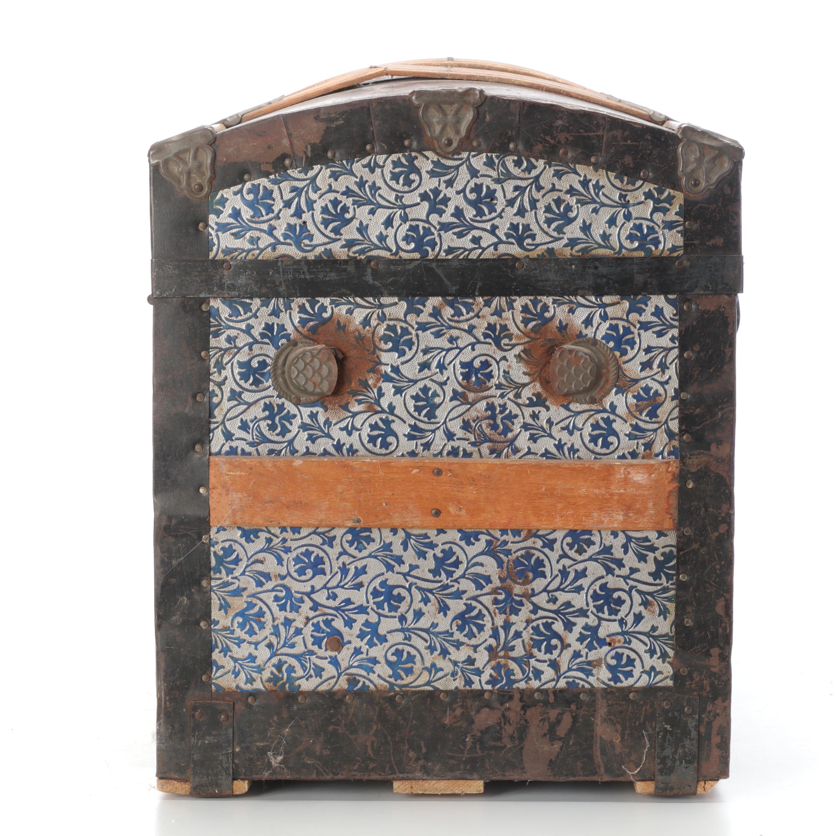 Wood and Pressed Tin Victorian Camel Back Steamer Trunk