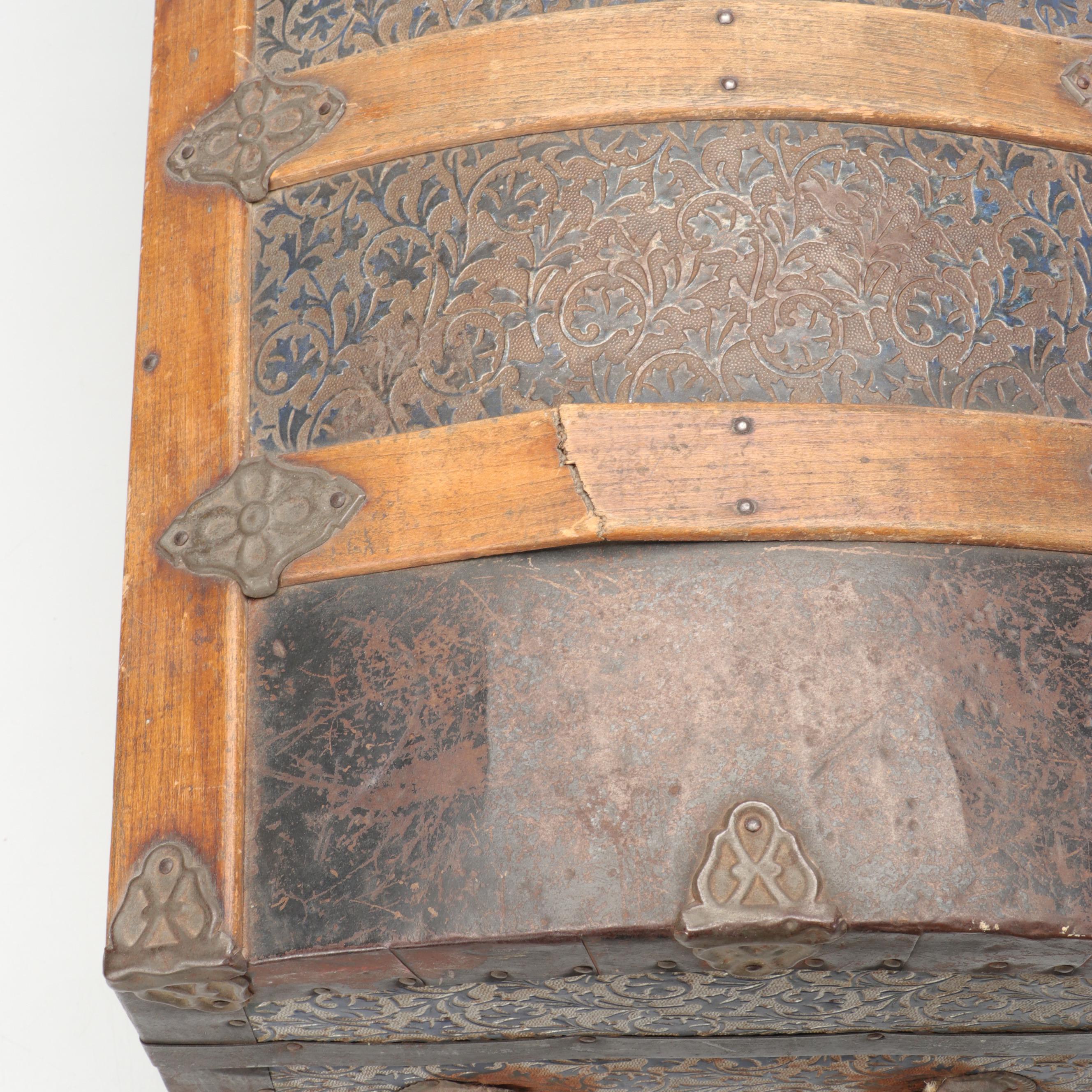 Wood and Pressed Tin Victorian Camel Back Steamer Trunk