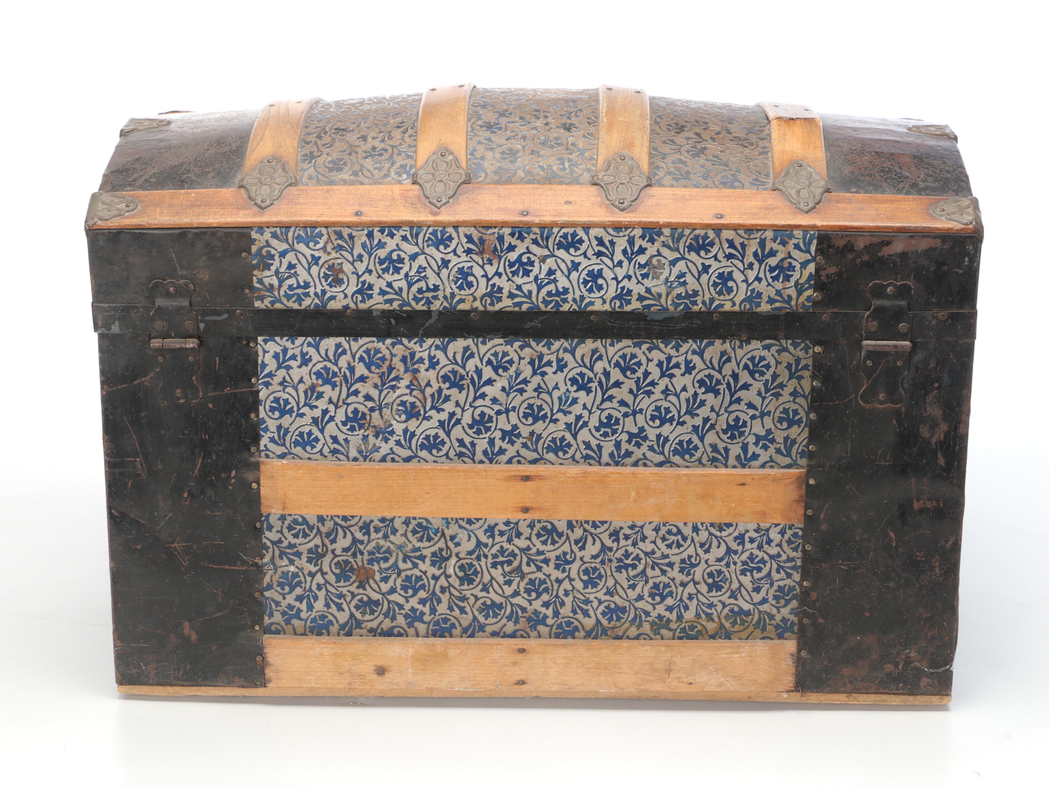 Wood and Pressed Tin Victorian Camel Back Steamer Trunk