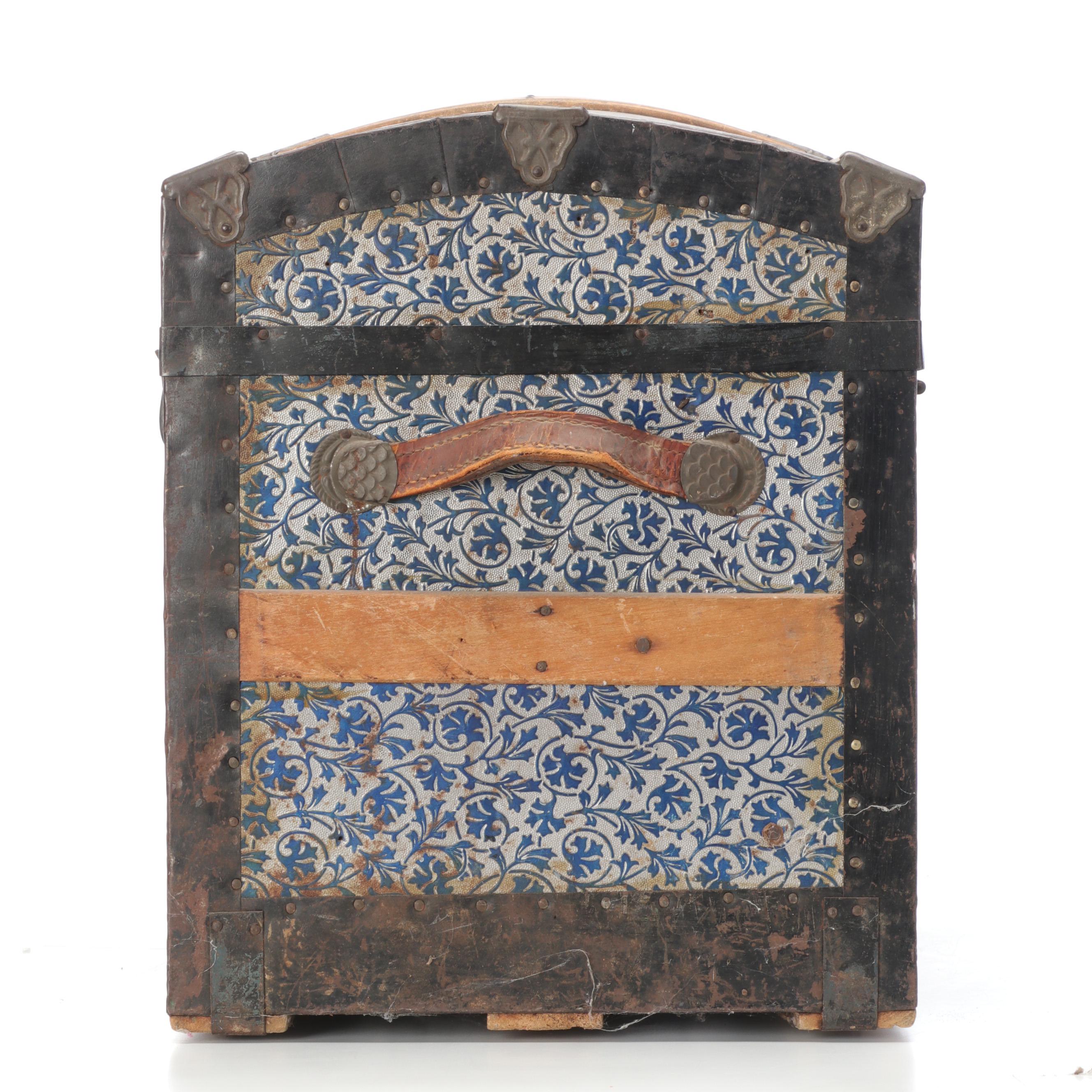 Wood and Pressed Tin Victorian Camel Back Steamer Trunk