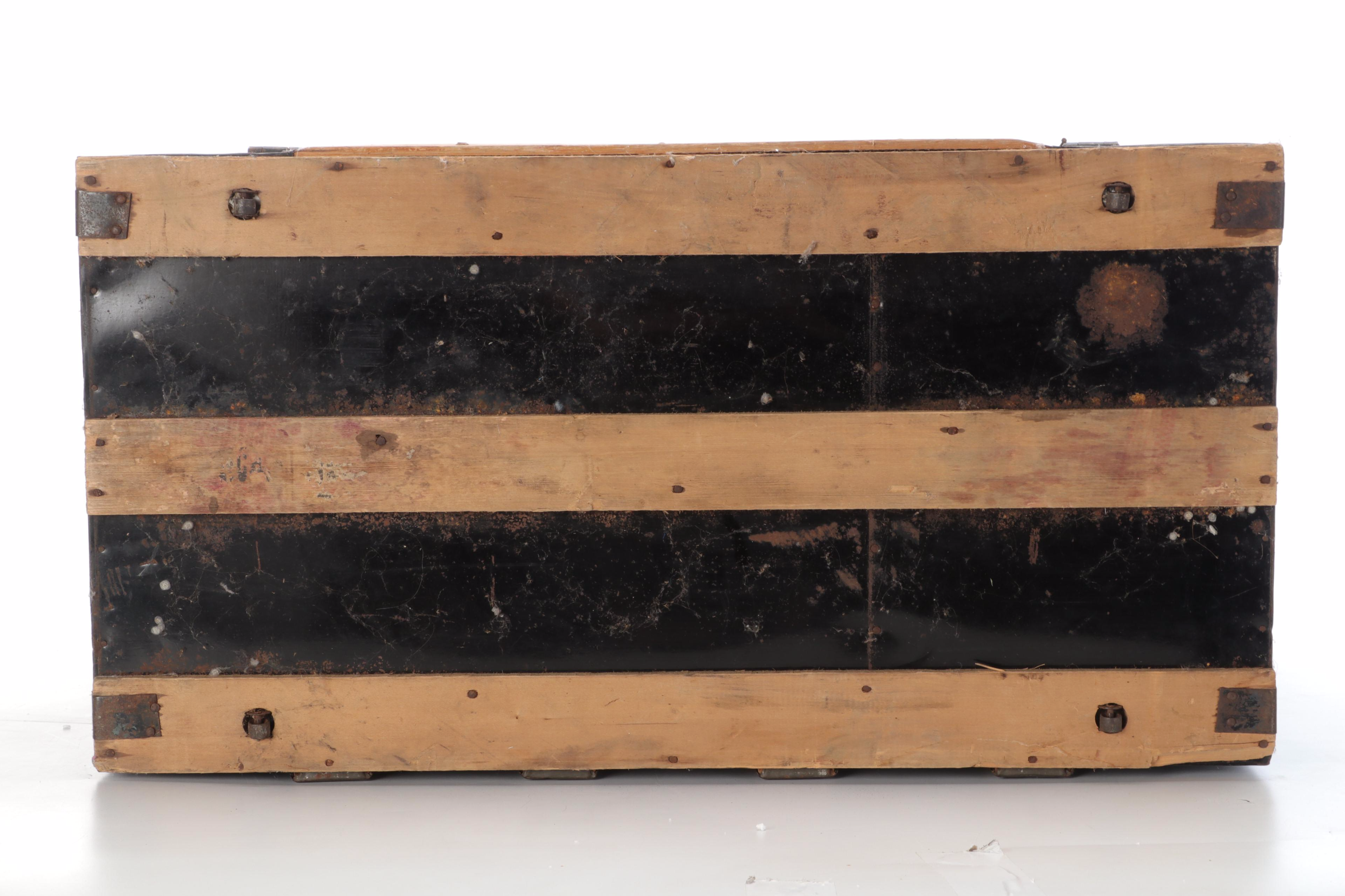 Wood and Pressed Tin Victorian Camel Back Steamer Trunk