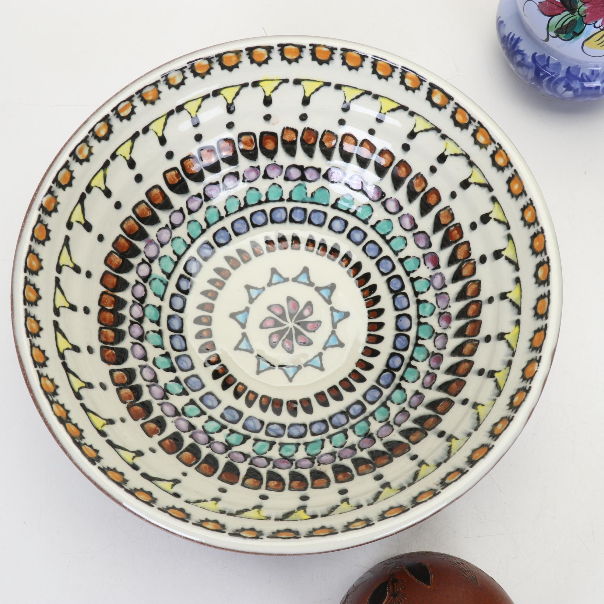 Art Pottery Geometric Motif Bowl With Brown Jug and Portuguese Pitcher