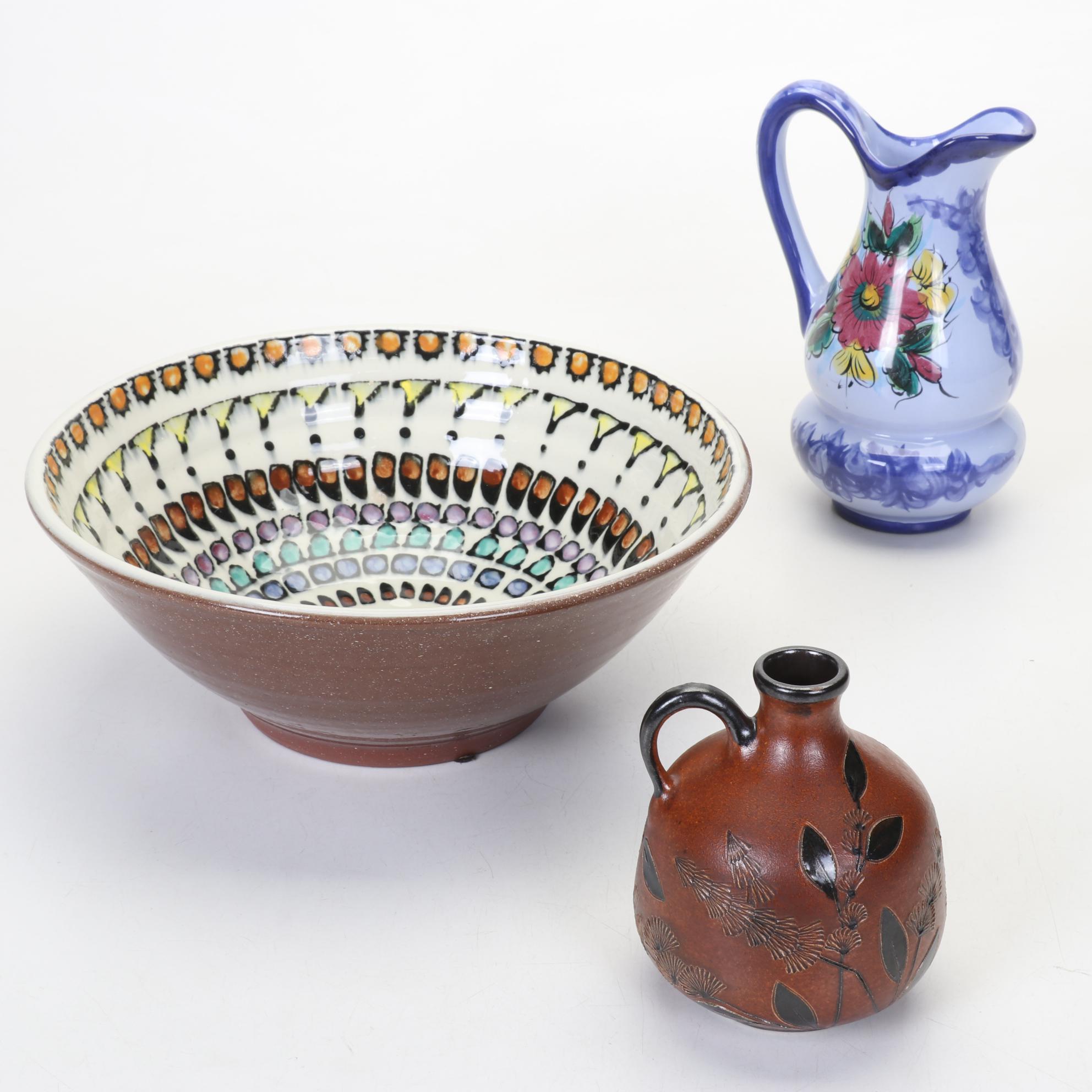 Art Pottery Geometric Motif Bowl With Brown Jug and Portuguese Pitcher