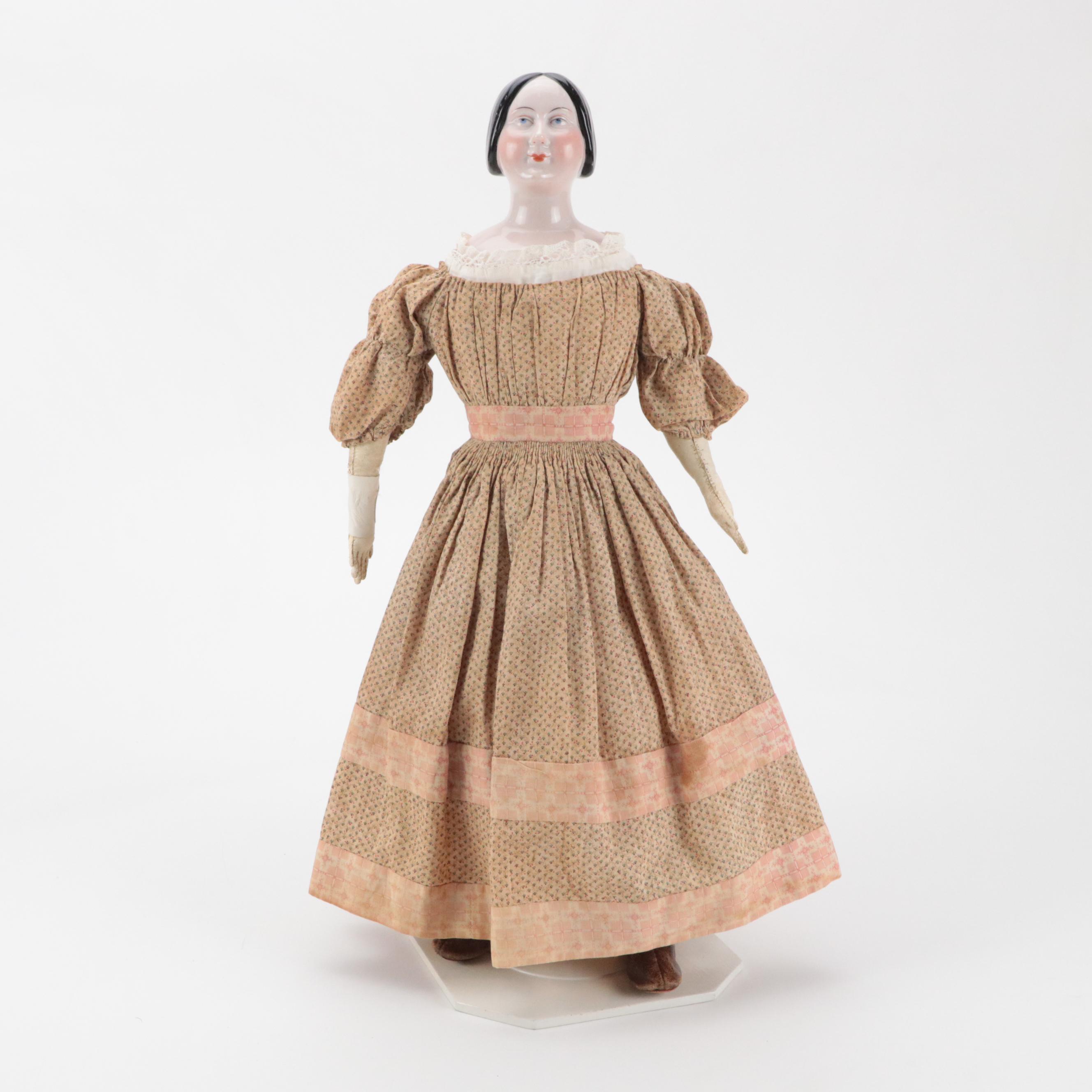 German Queen Victoria China Head Doll with Kid Leather Body, Mid-19th Century