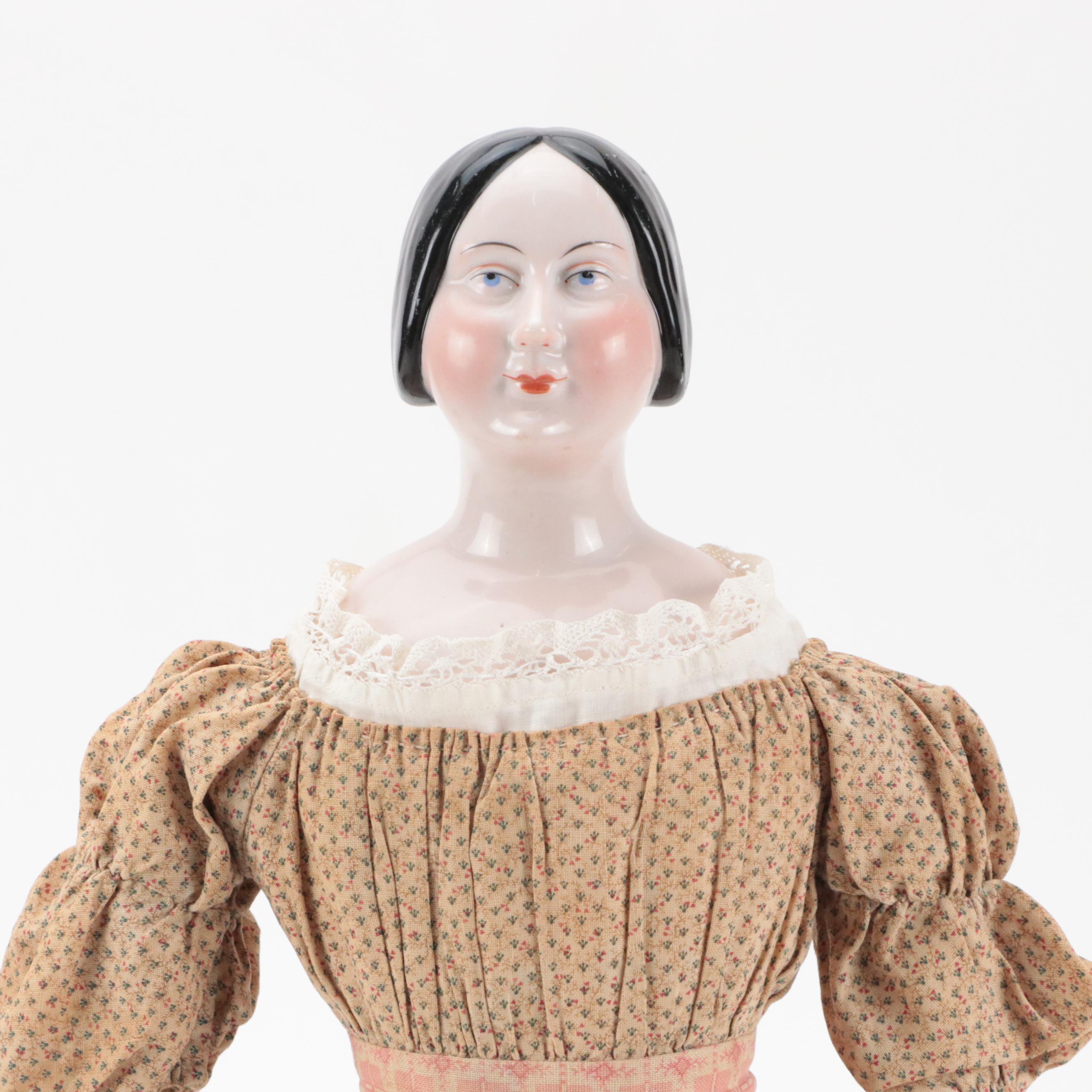 German Queen Victoria China Head Doll with Kid Leather Body, Mid-19th Century