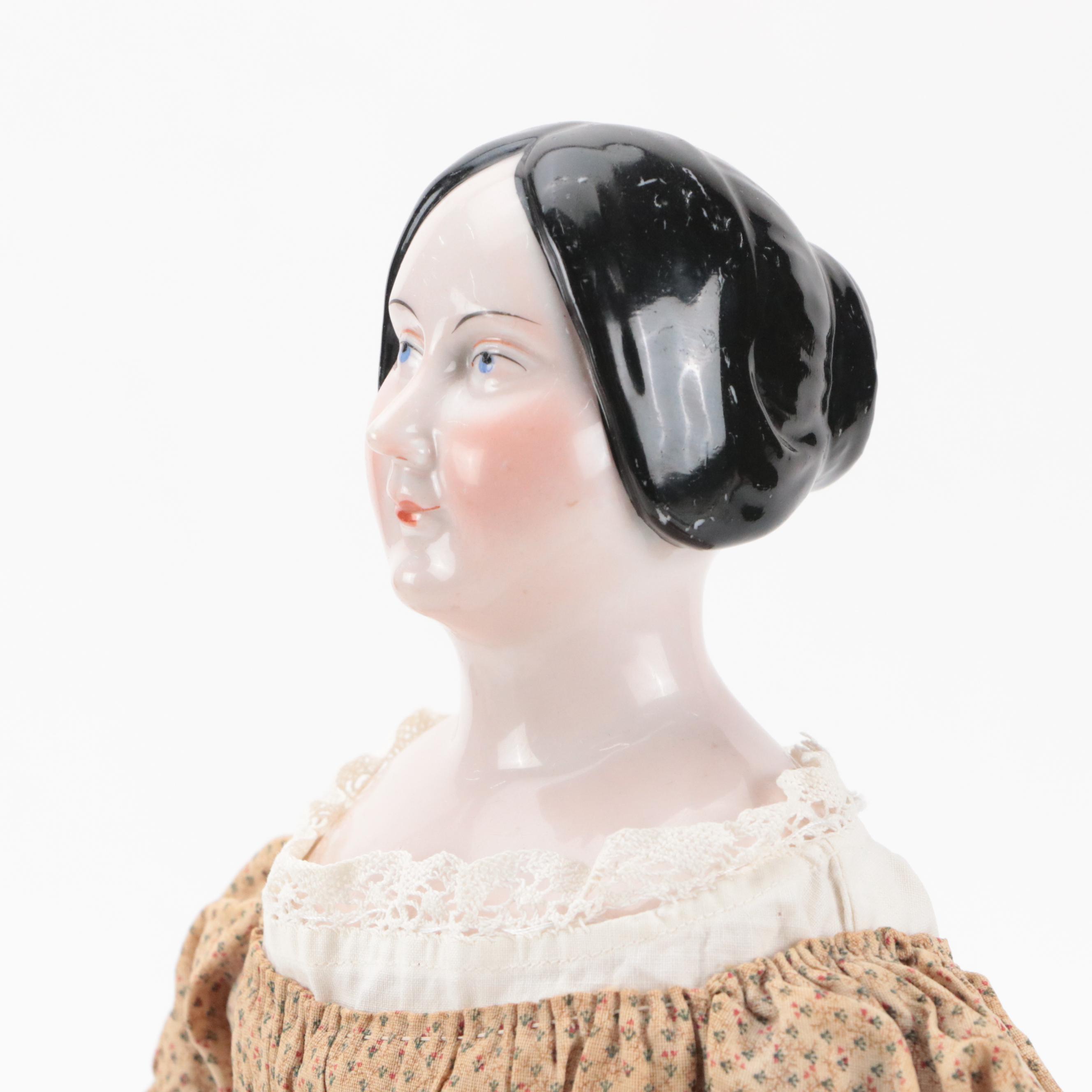 German Queen Victoria China Head Doll with Kid Leather Body, Mid-19th Century