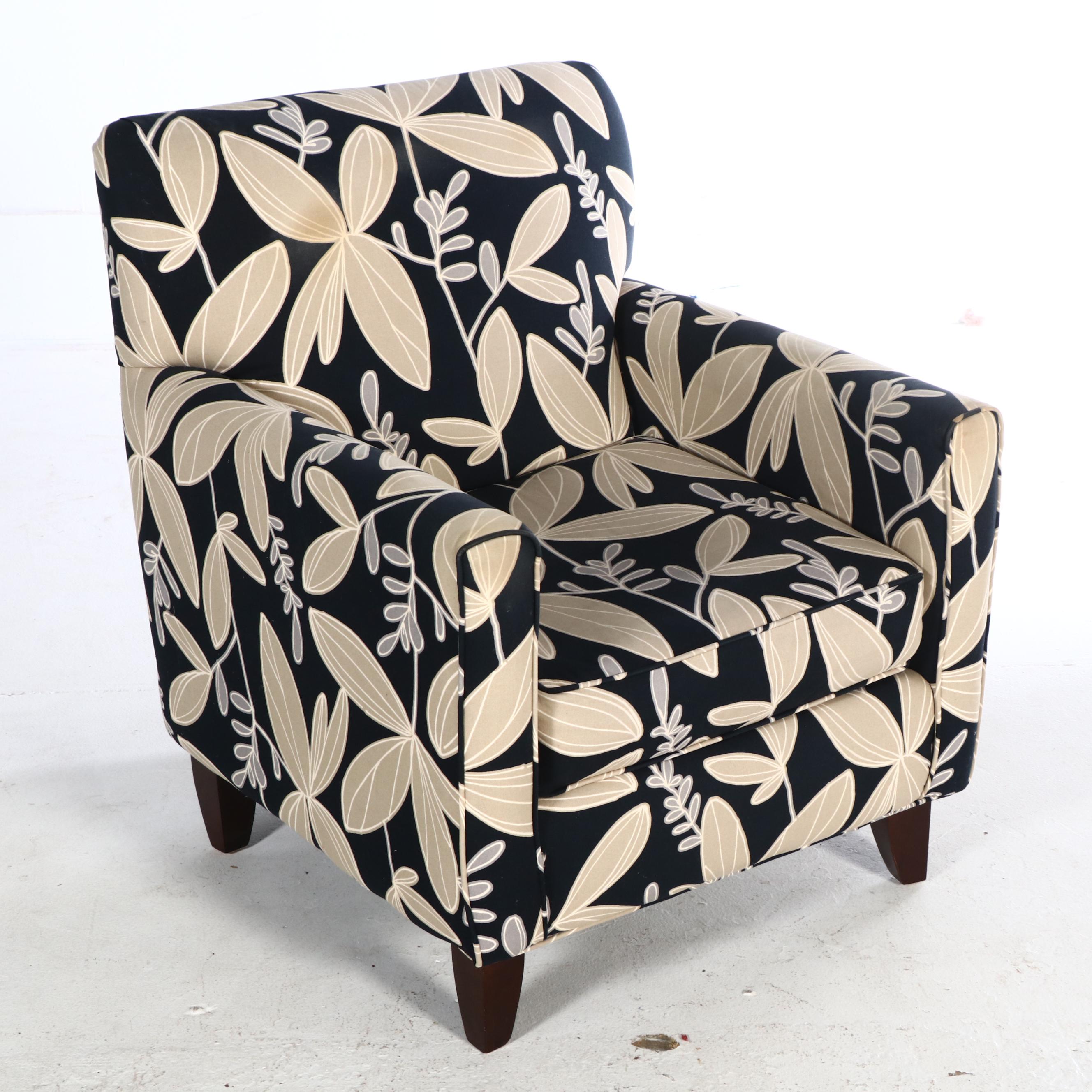 Black and Cream Floral Fabric Upholstered Armchair and Ottoman