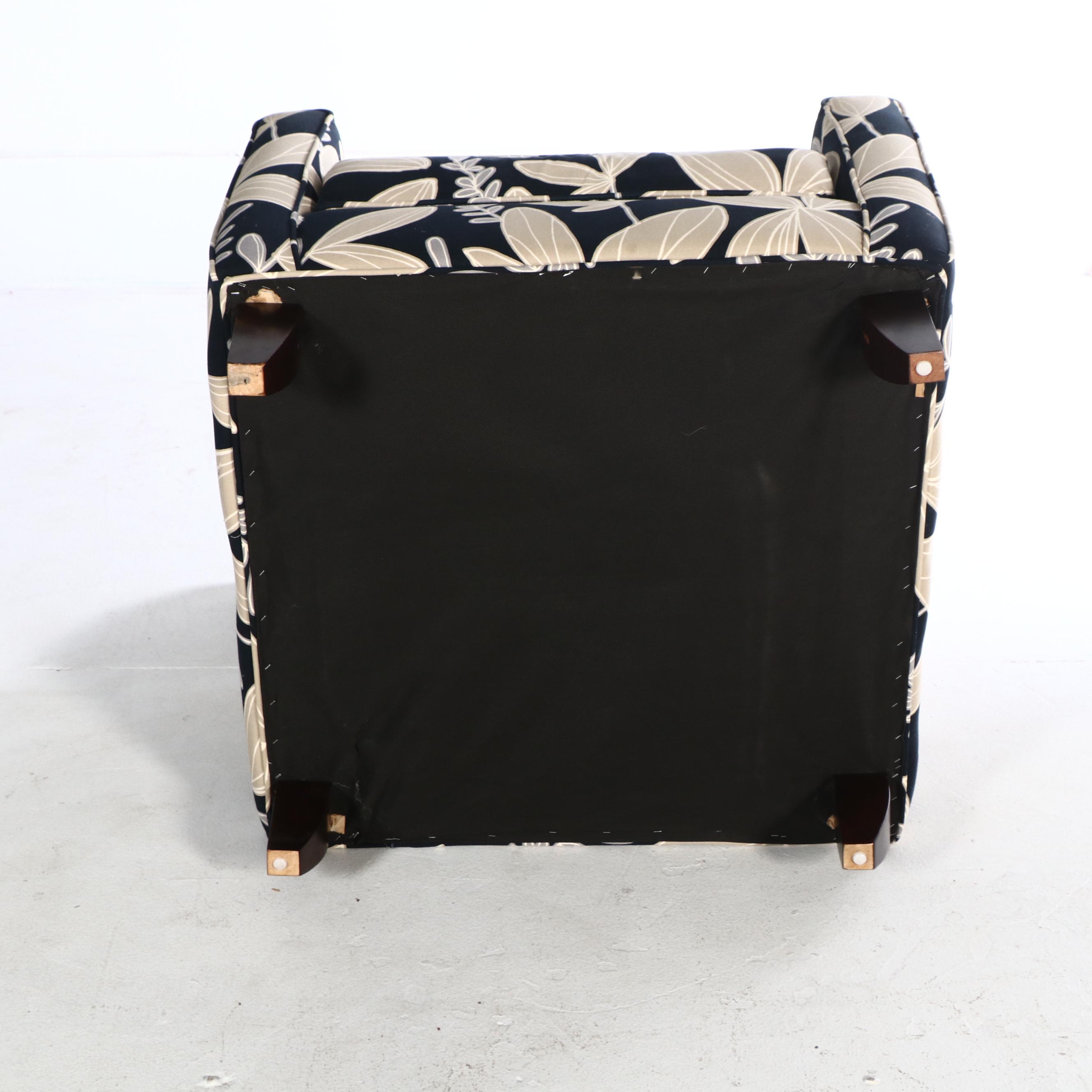 Black and Cream Floral Fabric Upholstered Armchair and Ottoman