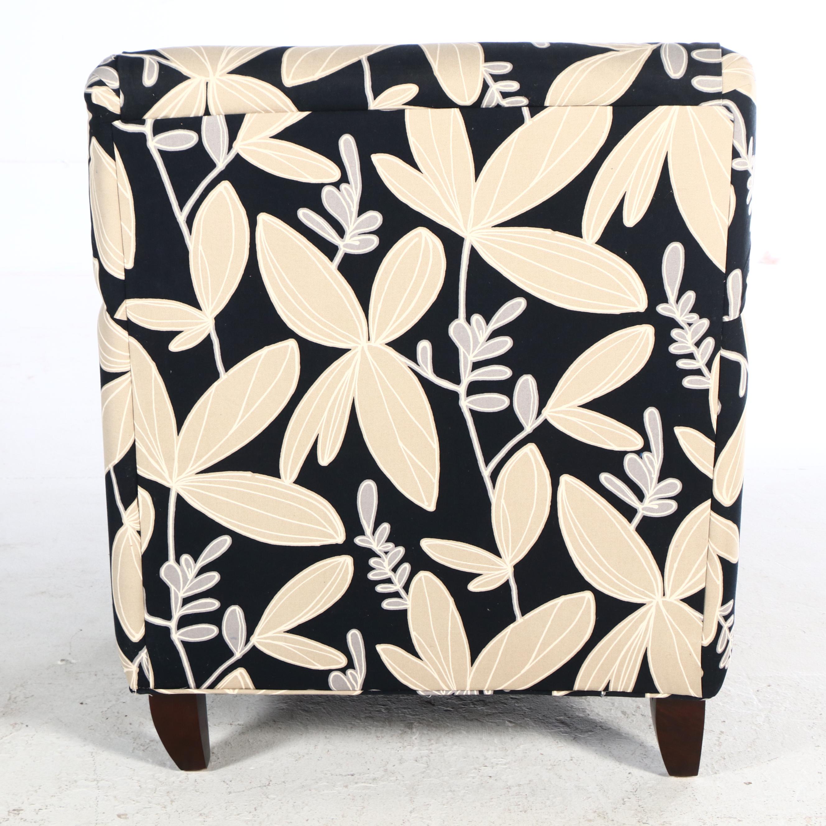 Black and Cream Floral Fabric Upholstered Armchair and Ottoman