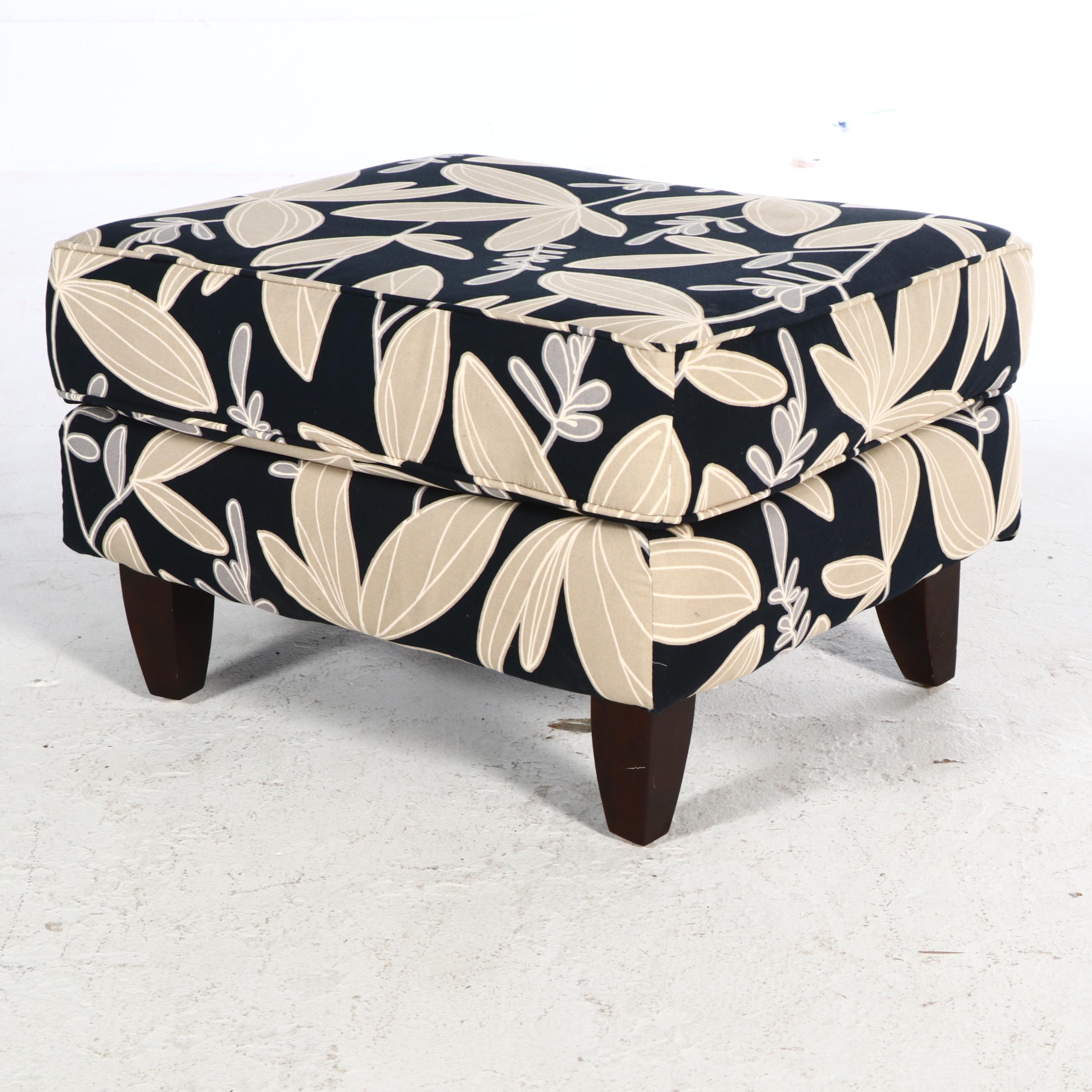 Black and Cream Floral Fabric Upholstered Armchair and Ottoman