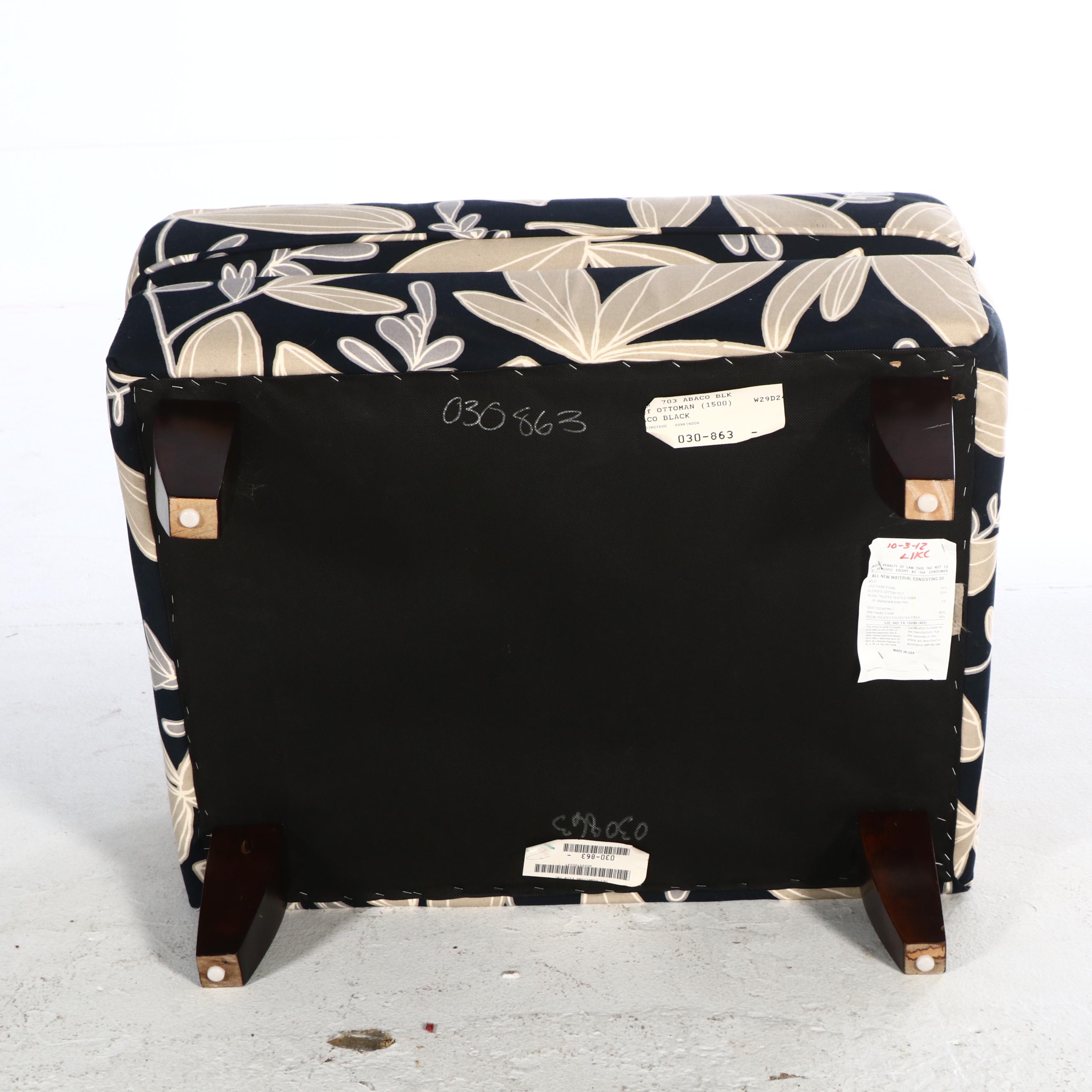 Black and Cream Floral Fabric Upholstered Armchair and Ottoman