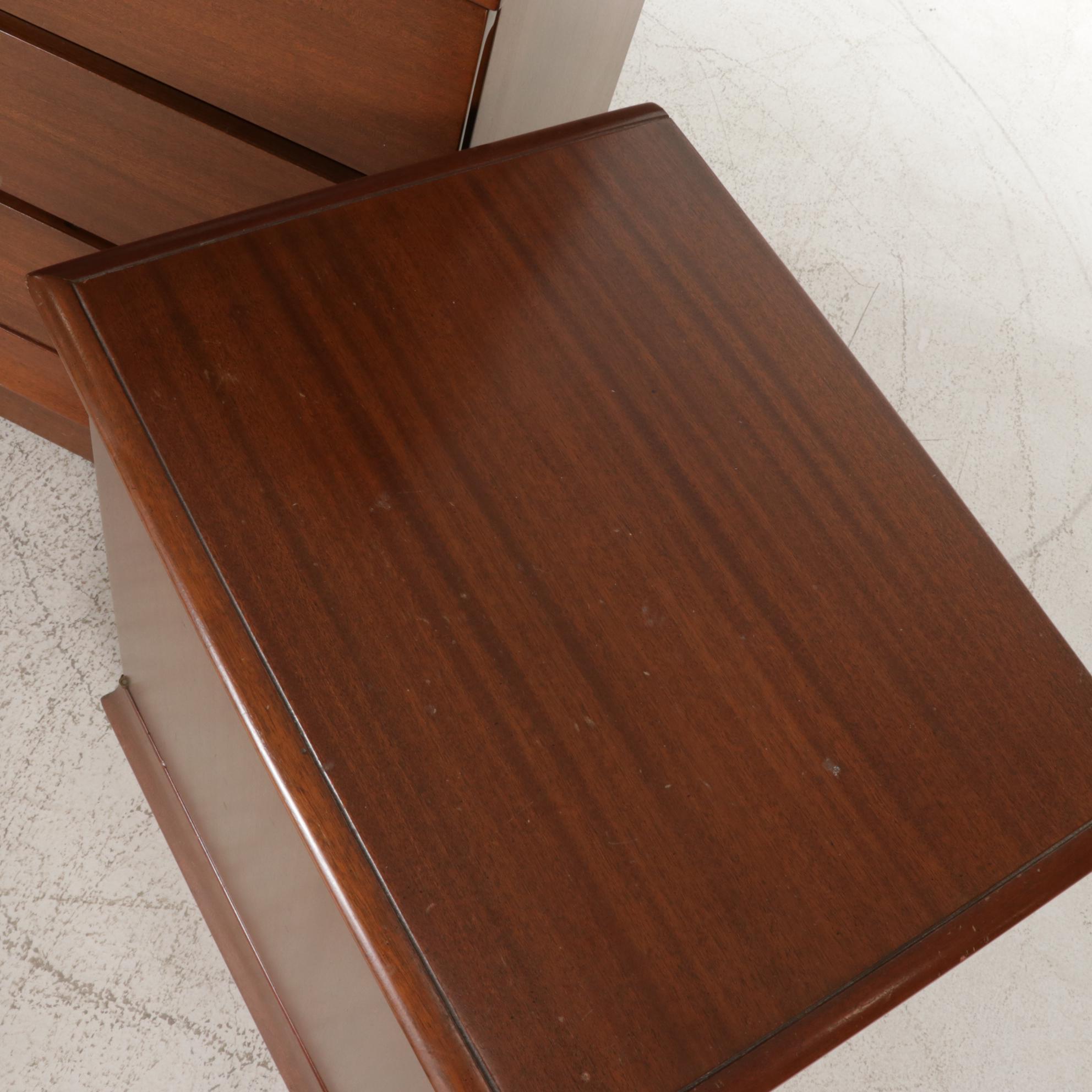 Mid Century Modern Mahogany Chest of Drawers and Pair of Bedside Cabinets