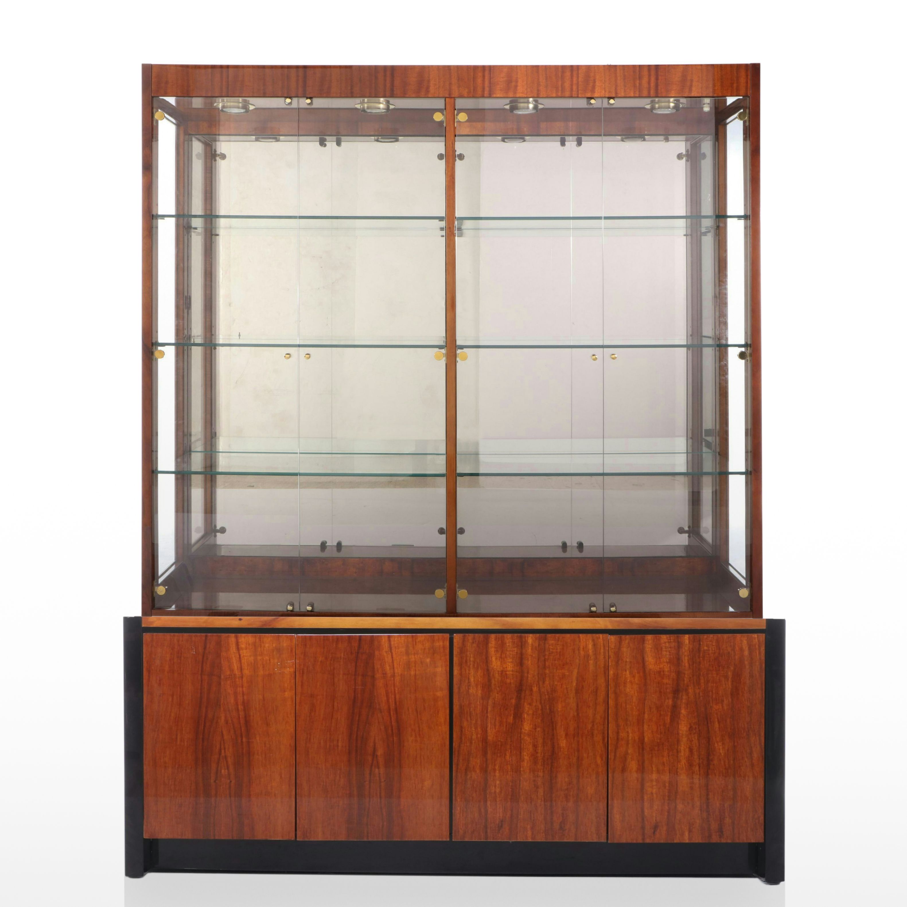 Henredon Elan Collection Koa Wood and Black Lacquered Credenza and Glass Cabinet