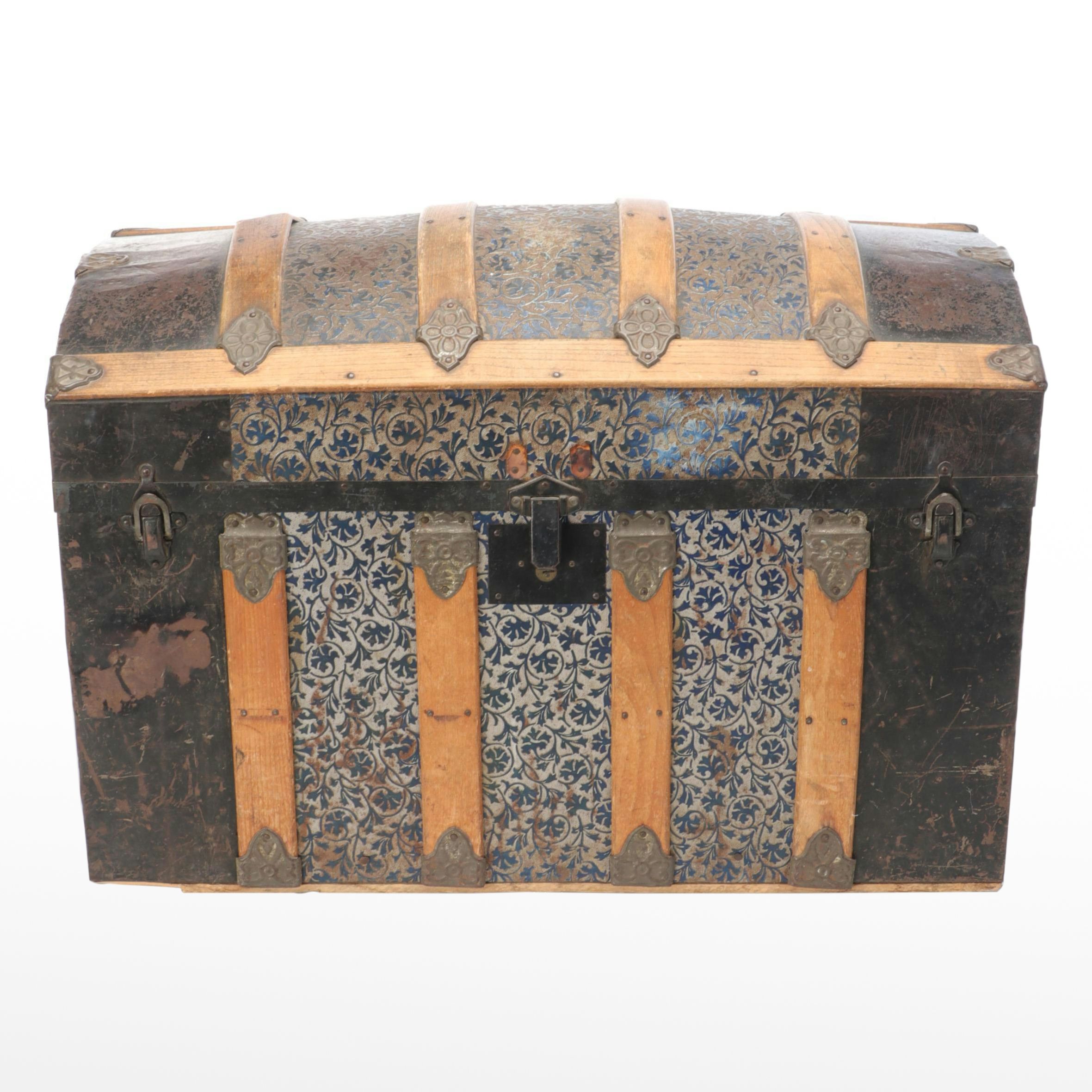 Wood and Pressed Tin Victorian Camel Back Steamer Trunk