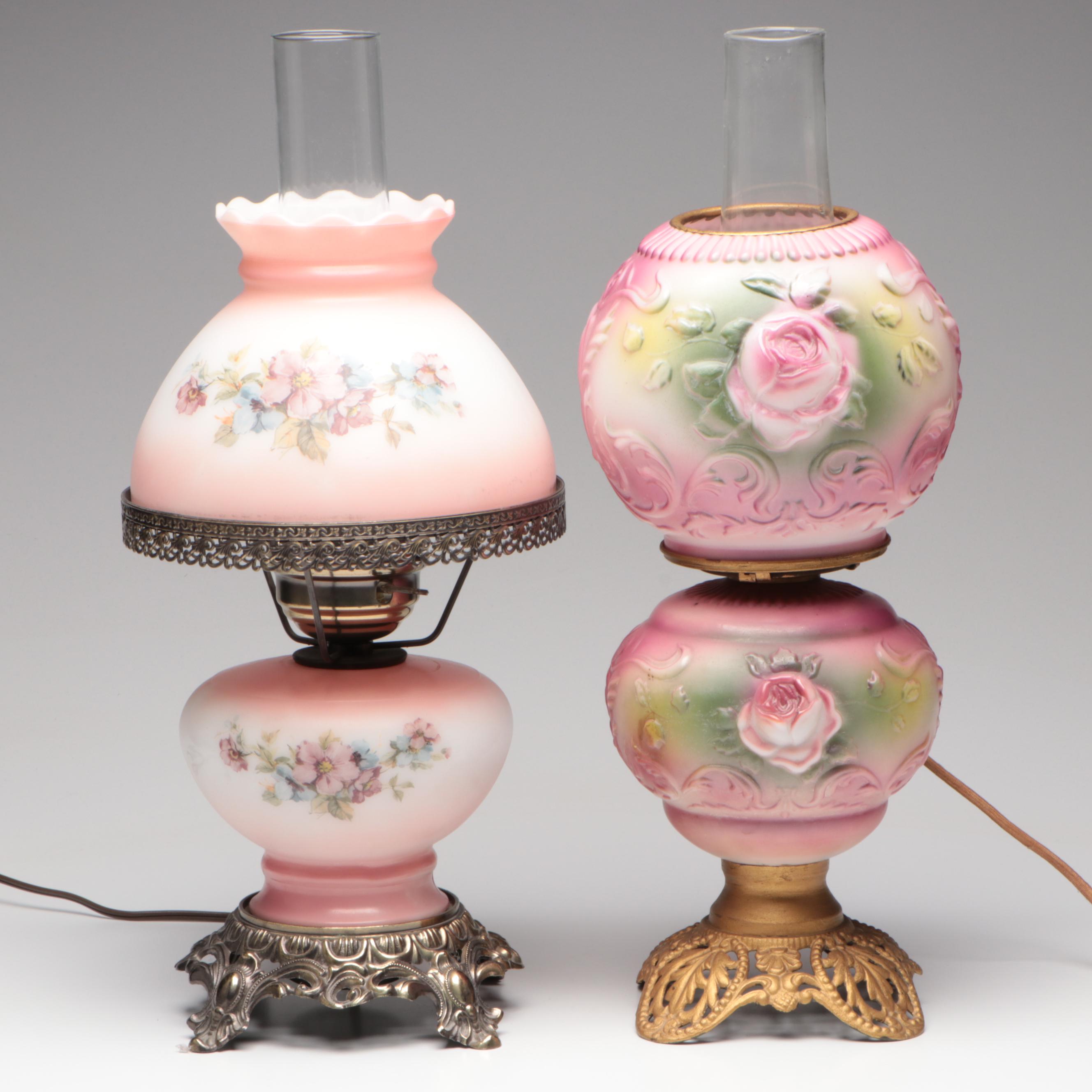 Puffy Glass Double Globe Lamp & Hand-Painted Parlor Lamp, Vintage