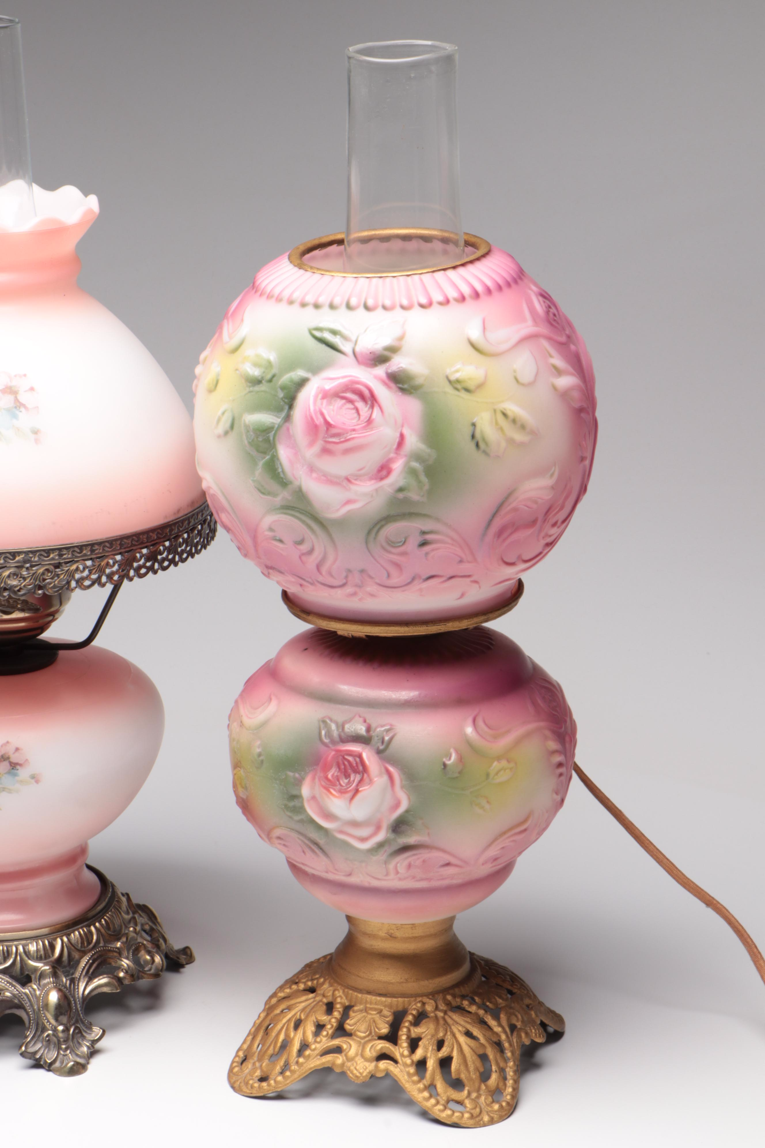 Puffy Glass Double Globe Lamp & Hand-Painted Parlor Lamp, Vintage