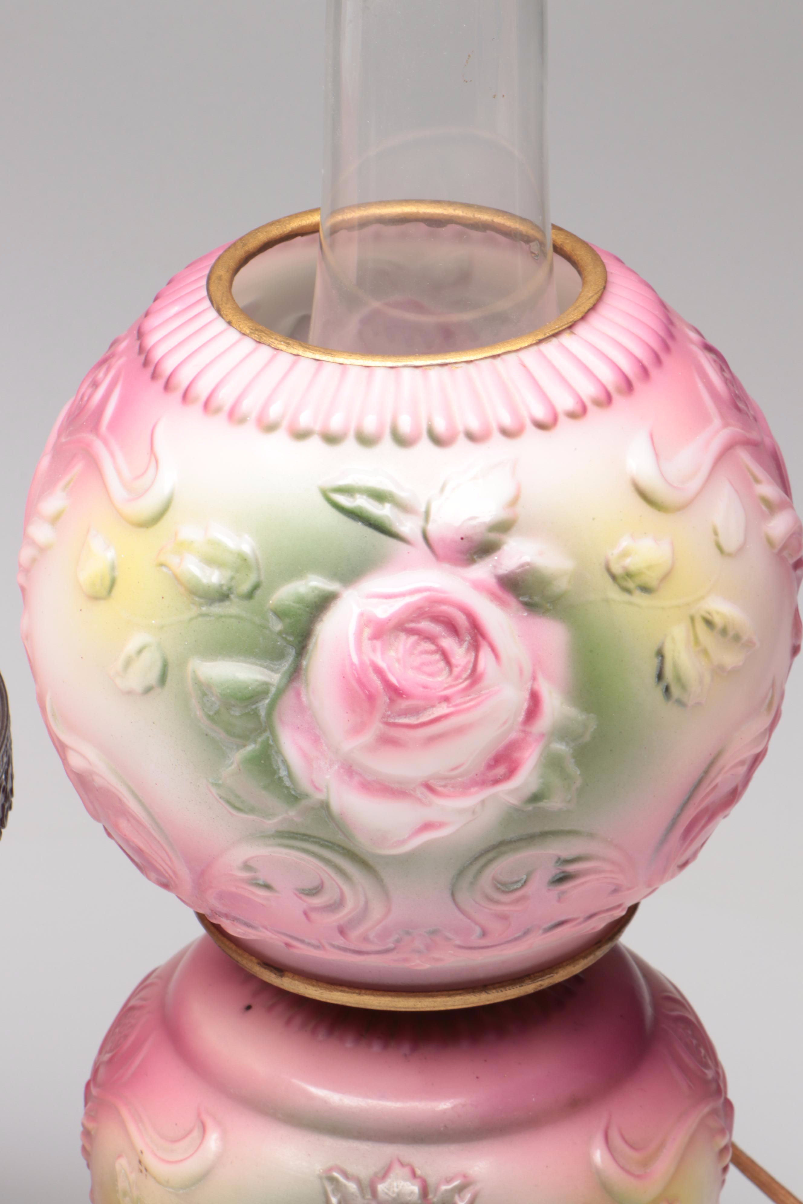 Puffy Glass Double Globe Lamp & Hand-Painted Parlor Lamp, Vintage