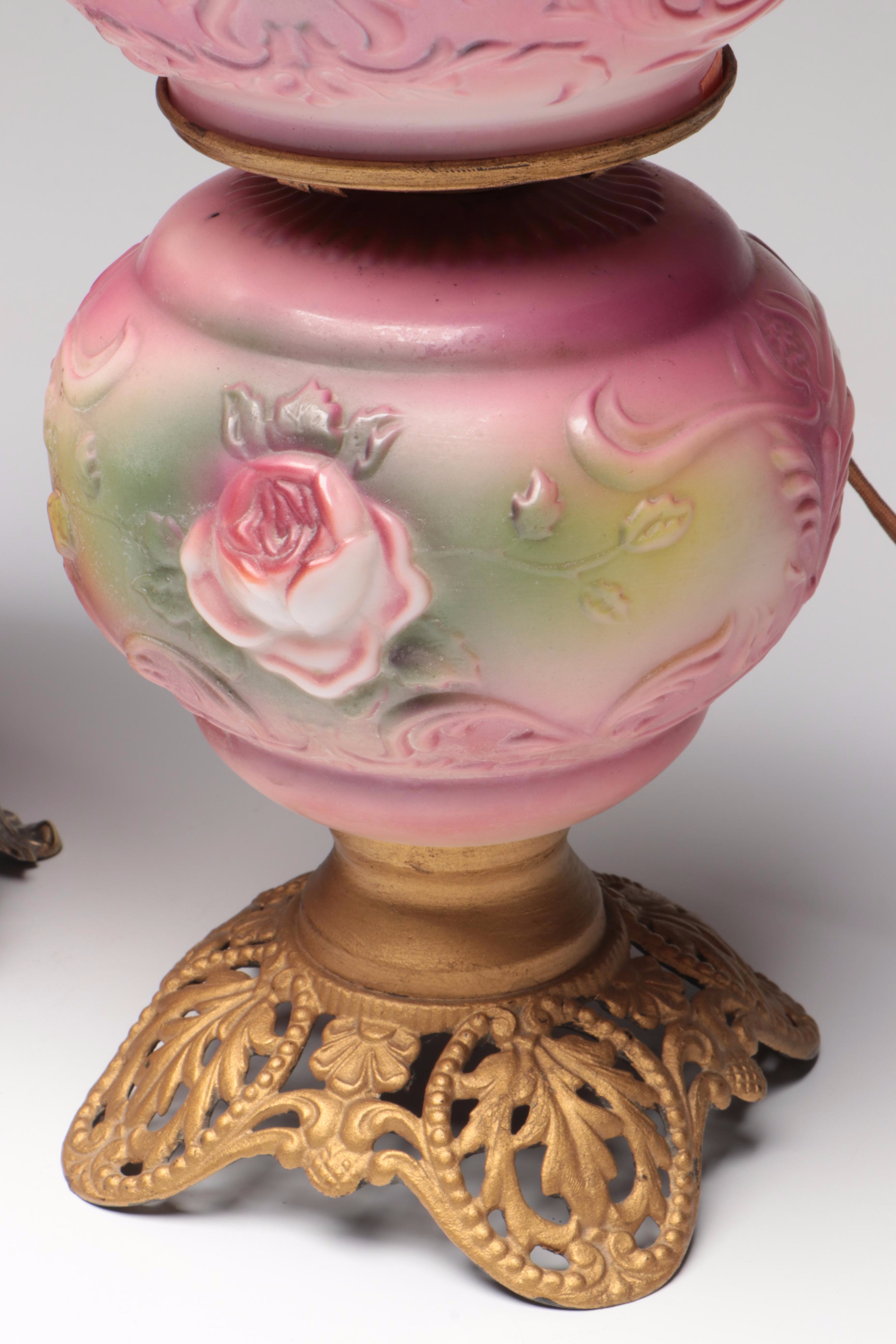 Puffy Glass Double Globe Lamp & Hand-Painted Parlor Lamp, Vintage