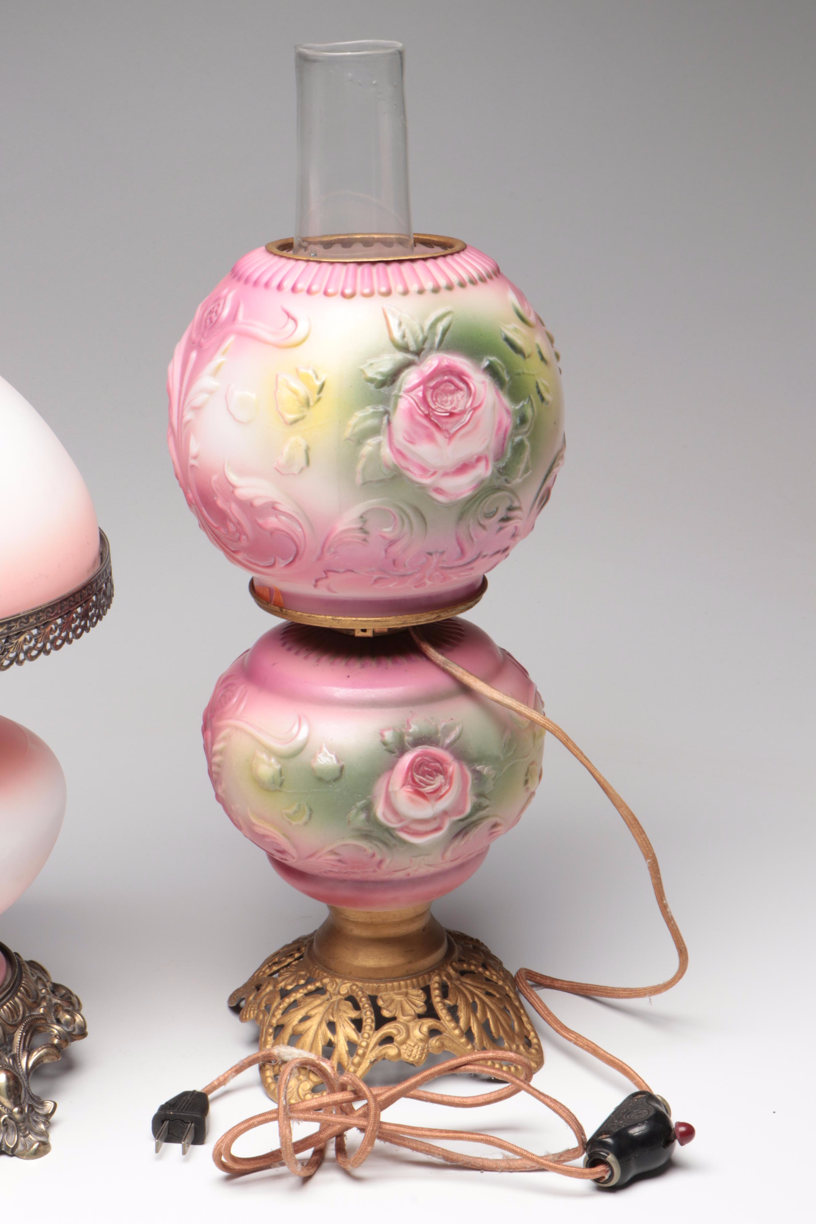 Puffy Glass Double Globe Lamp & Hand-Painted Parlor Lamp, Vintage