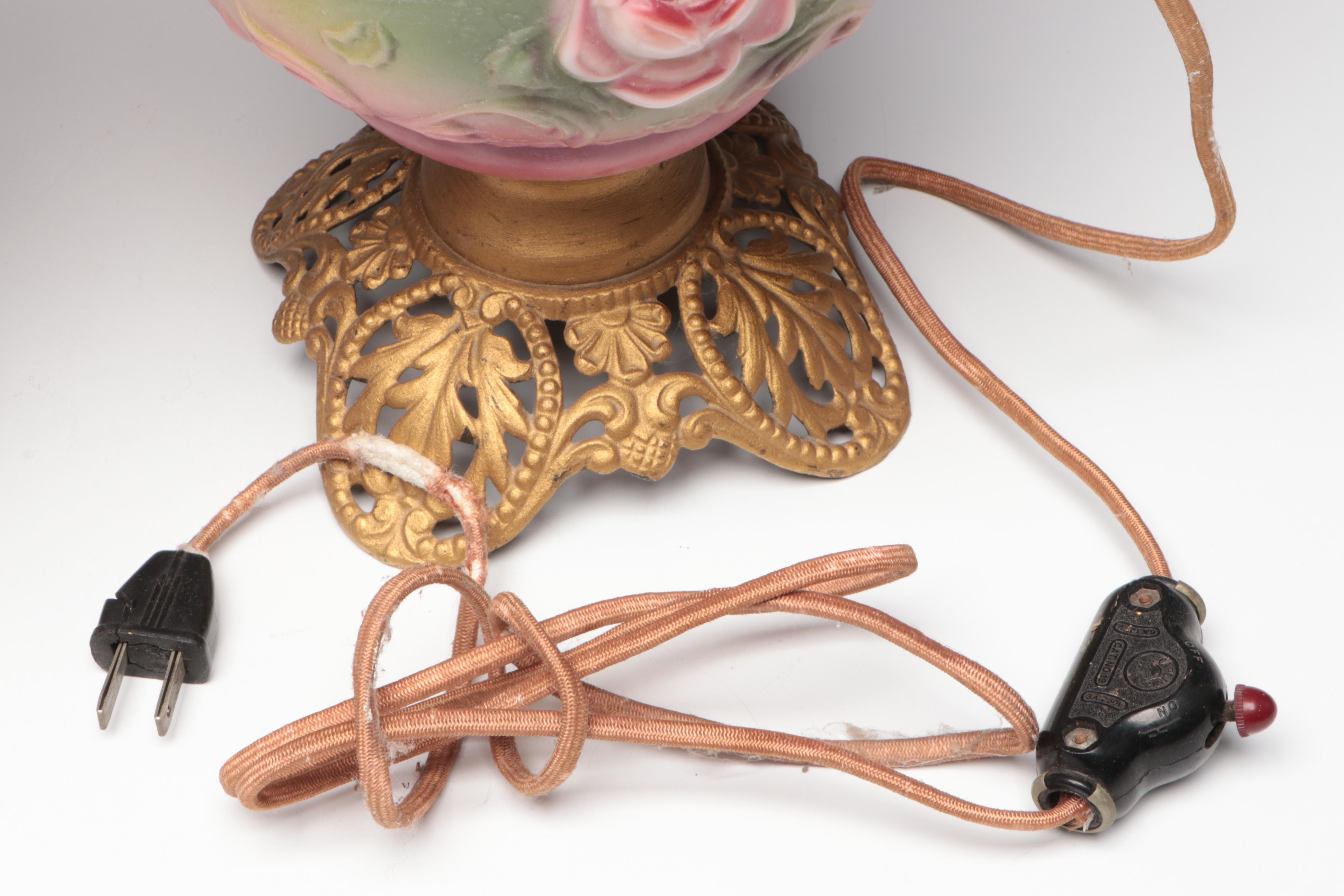 Puffy Glass Double Globe Lamp & Hand-Painted Parlor Lamp, Vintage