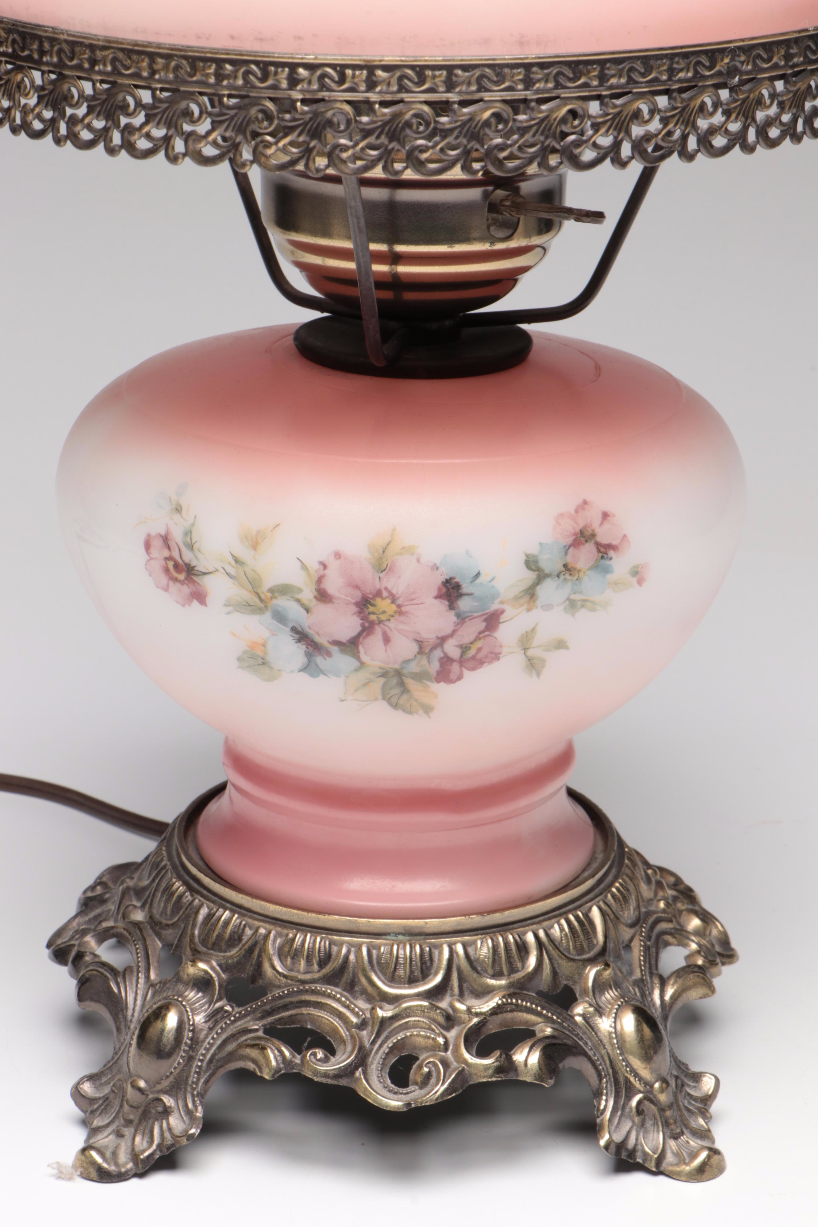 Puffy Glass Double Globe Lamp & Hand-Painted Parlor Lamp, Vintage