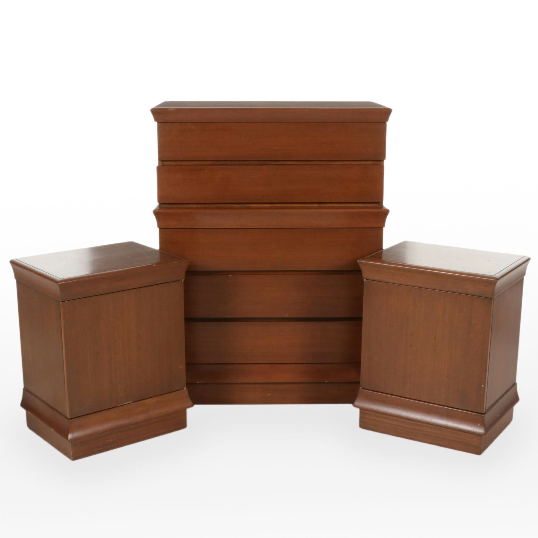 Mid Century Modern Mahogany Chest of Drawers and Pair of Bedside Cabinets