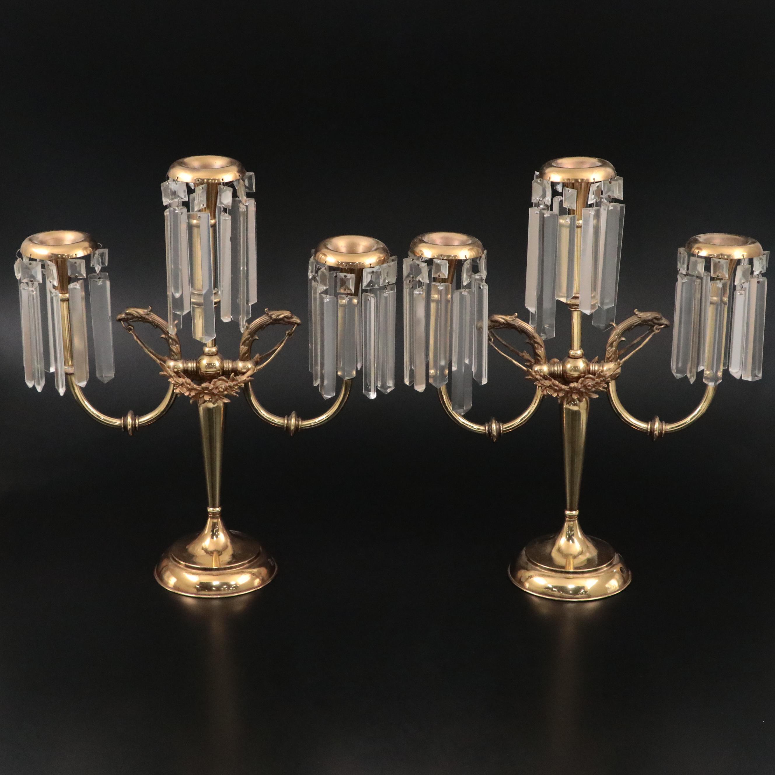 Neoclassical Style Brass and Glass Prism Candelabras EBTH