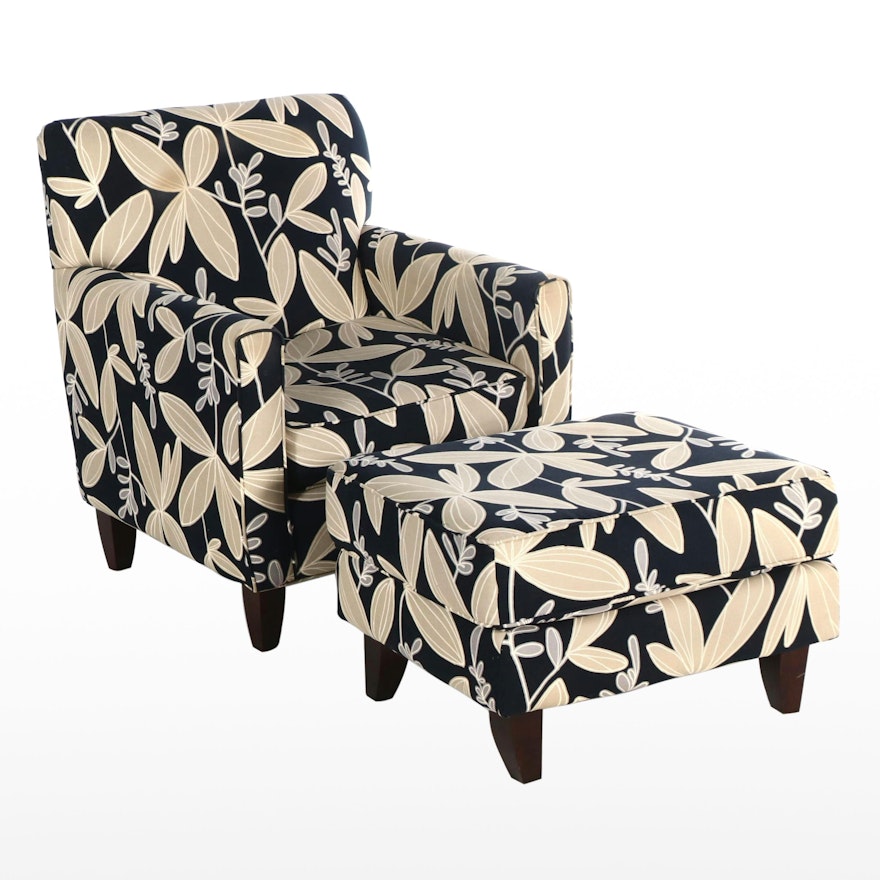 Black and Cream Floral Fabric Upholstered Armchair and Ottoman