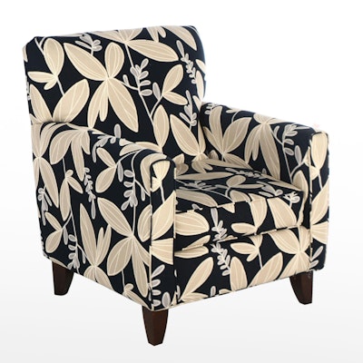 Contemporary Black and Cream Floral Fabric Upholstered Armchair