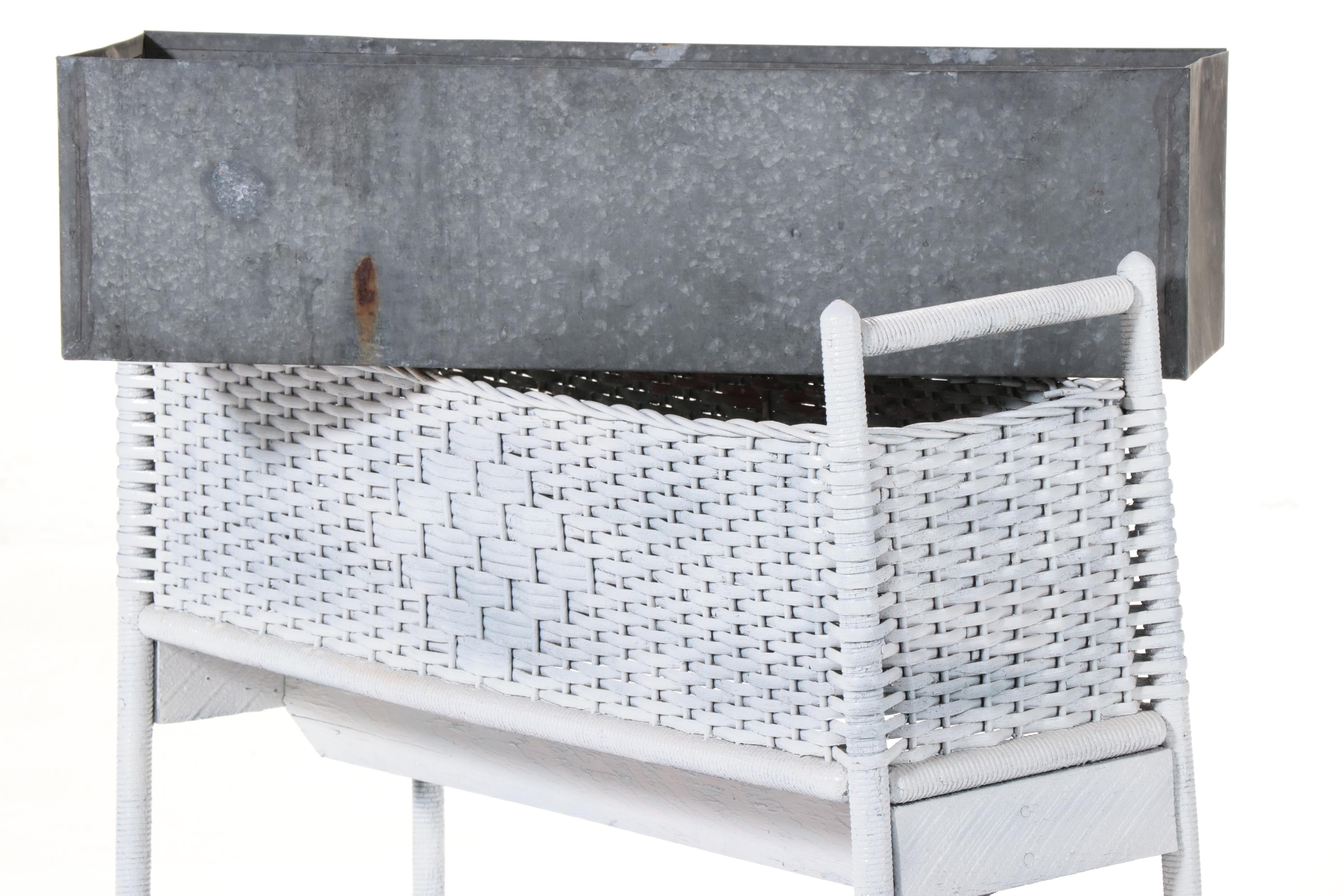 White Wicker Painted Planter Box With Galvanized Metal Liner, Vintage