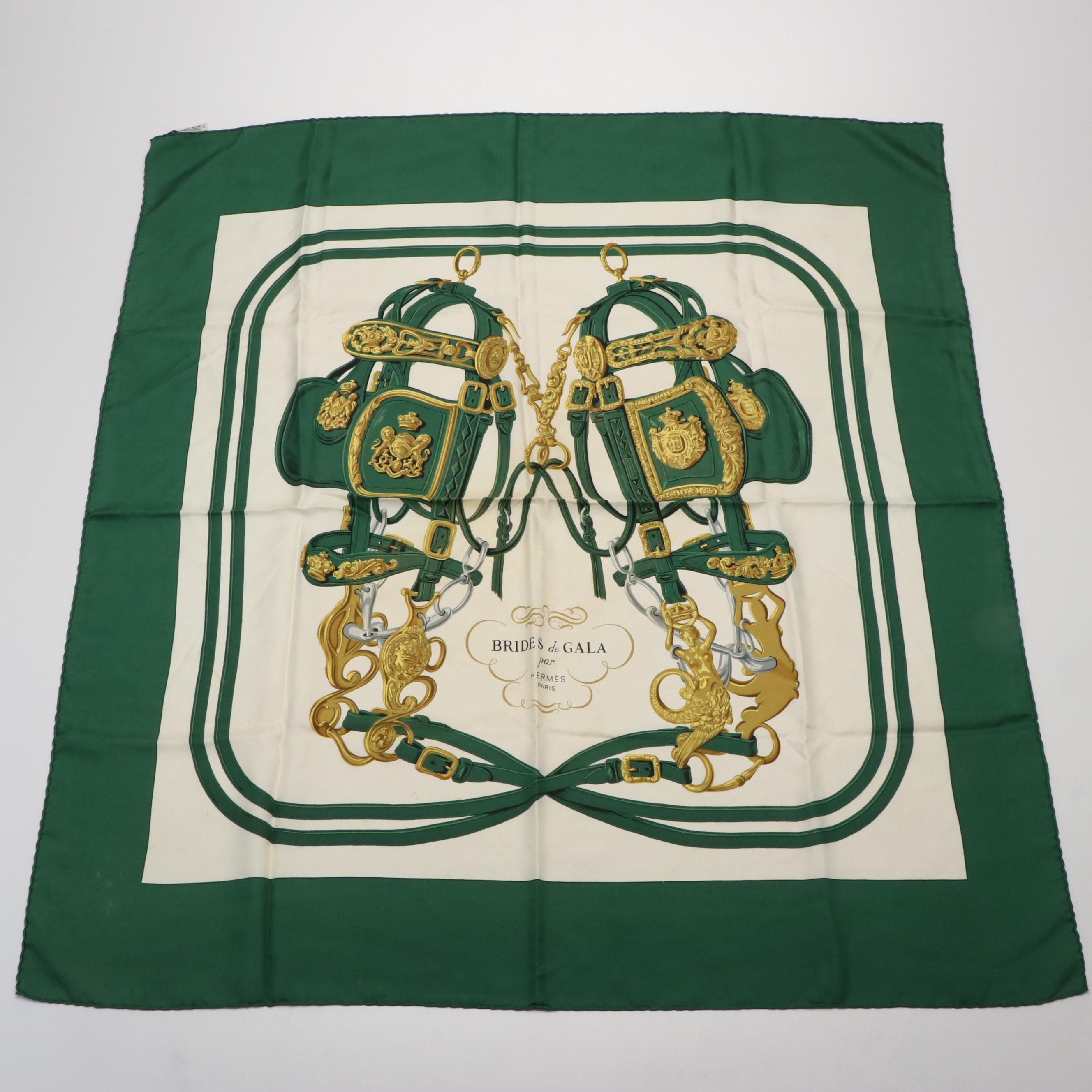 Hermès "Brides de Gala" Green and Gold Silk Scarf