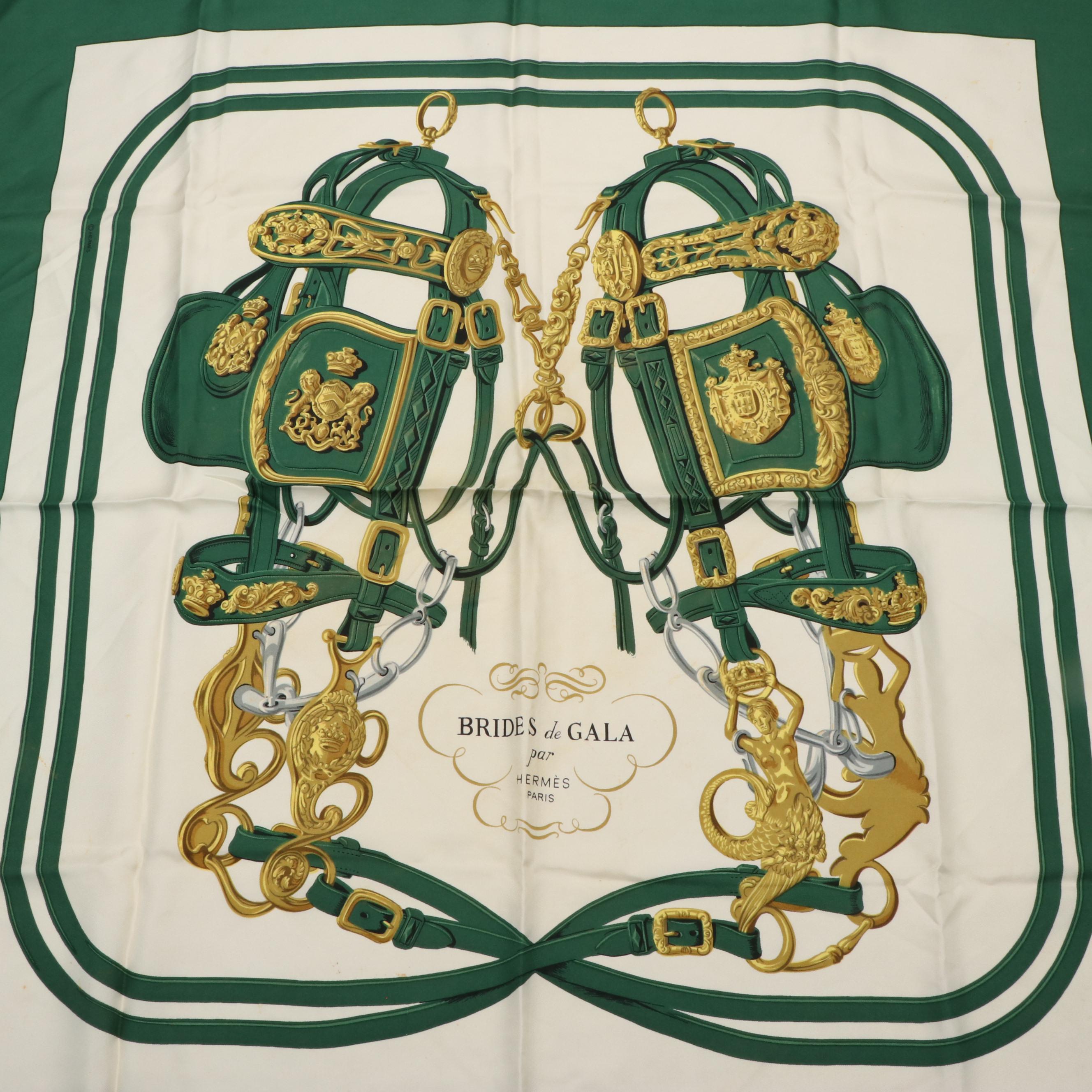 Hermès "Brides de Gala" Green and Gold Silk Scarf