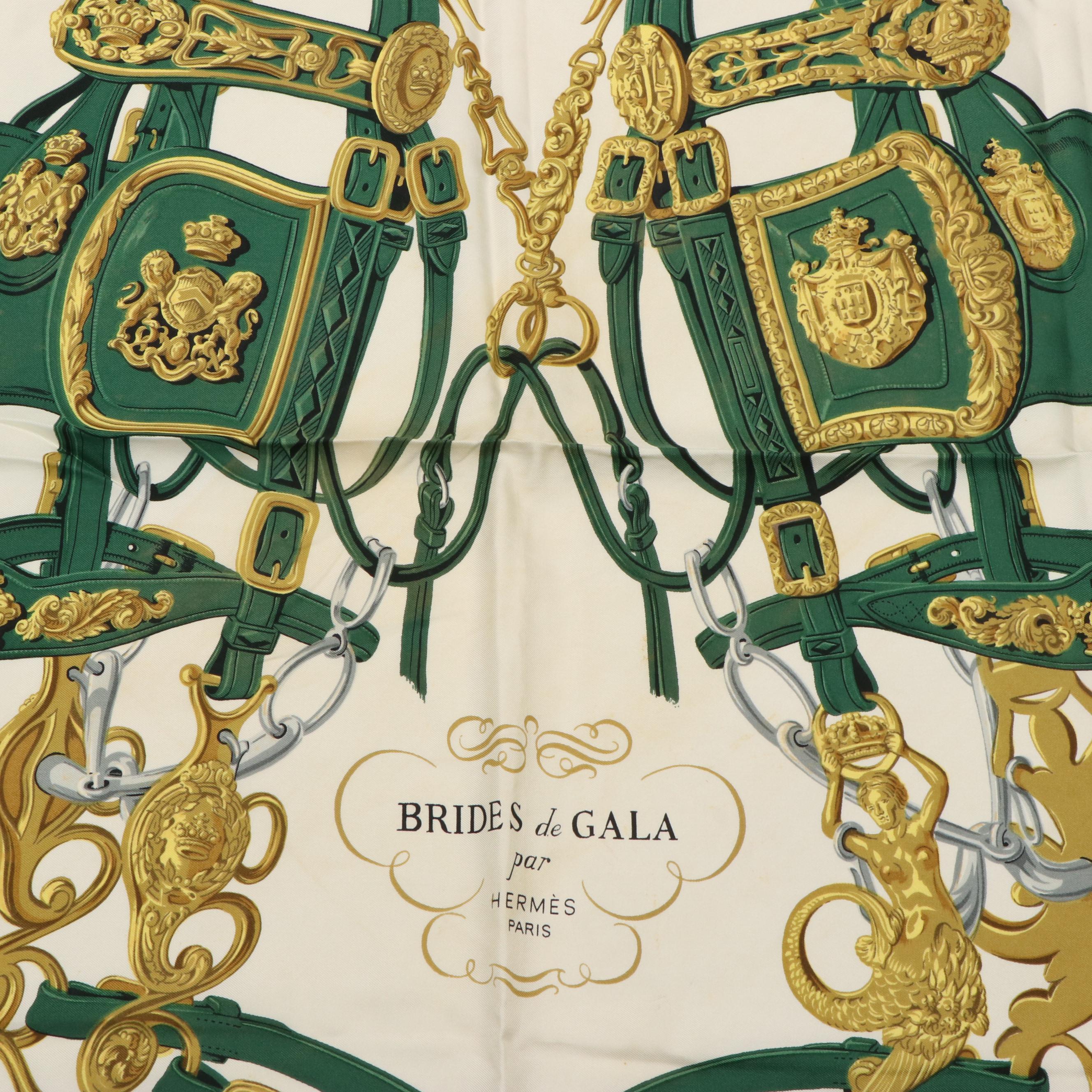 Hermès "Brides de Gala" Green and Gold Silk Scarf