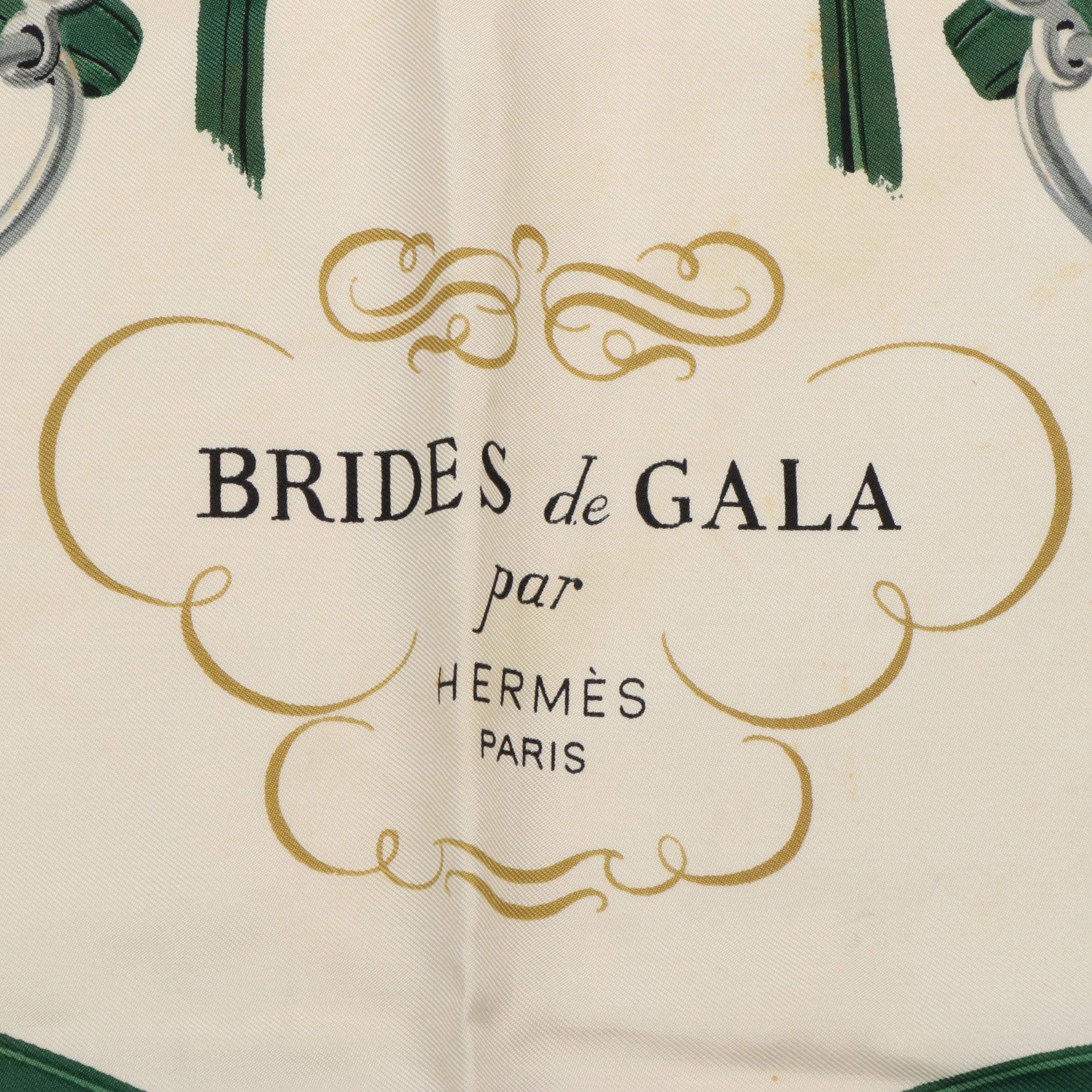 Hermès "Brides de Gala" Green and Gold Silk Scarf