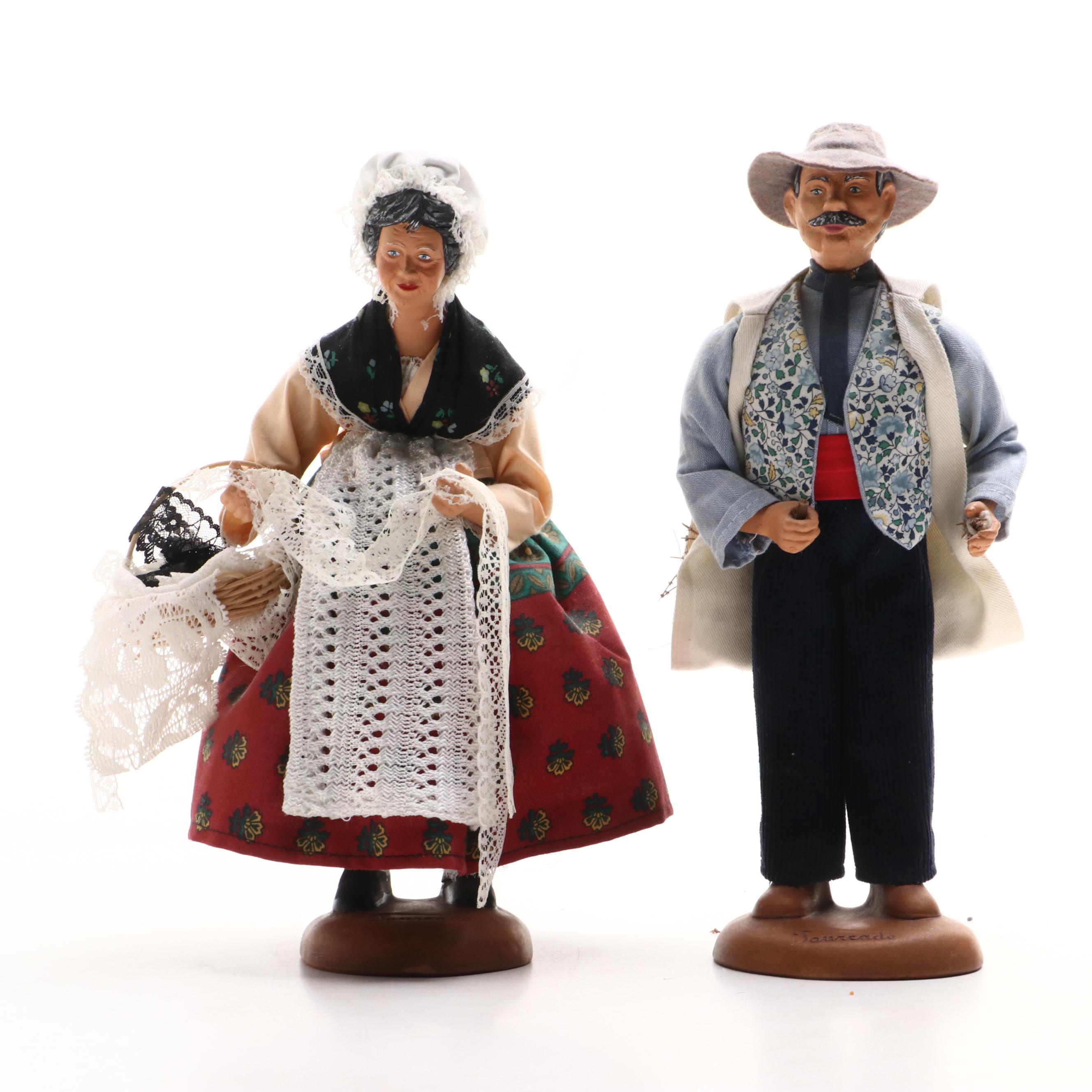 Santons de Provence Couple with Burled Wood Piano Shaped Music Box