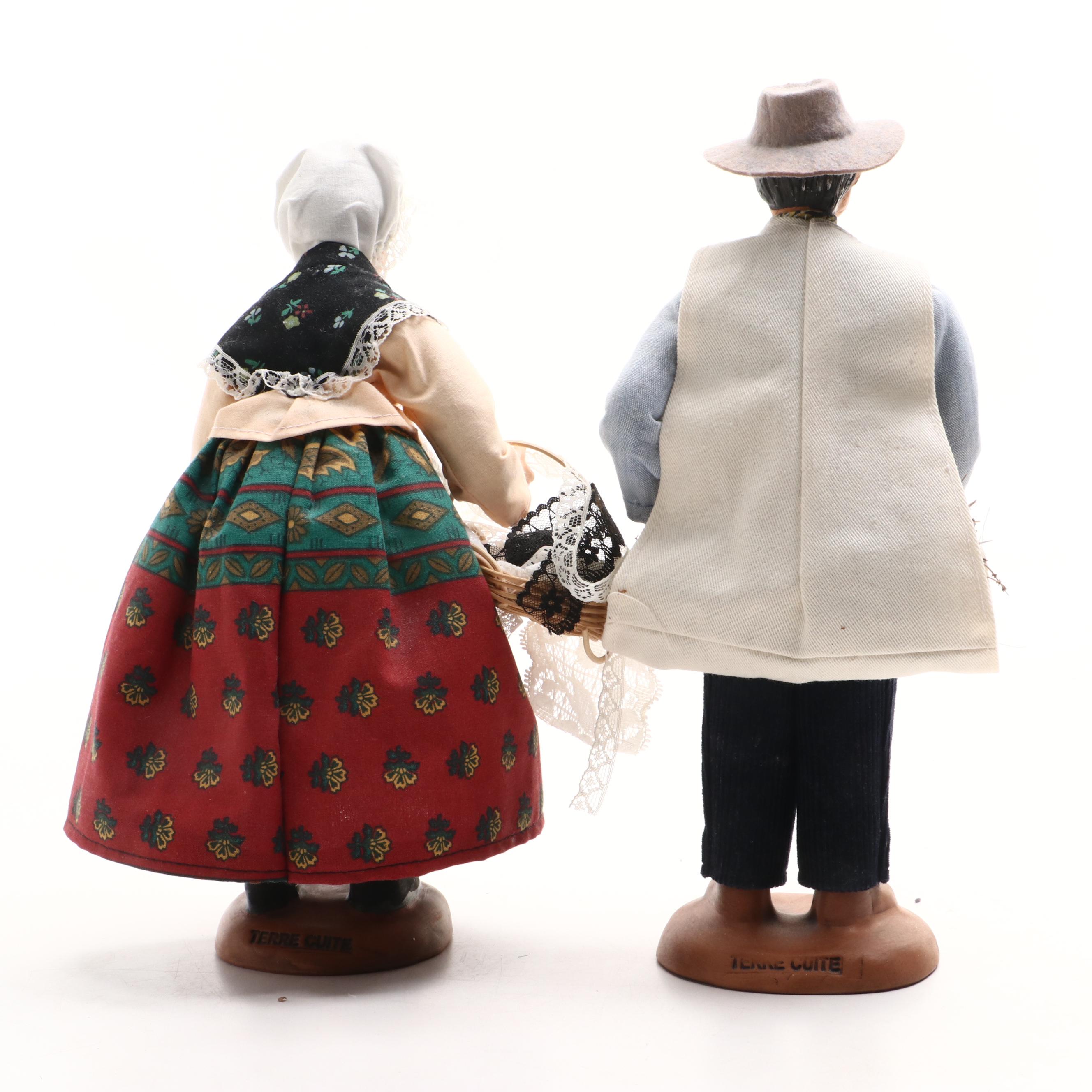 Santons de Provence Couple with Burled Wood Piano Shaped Music Box