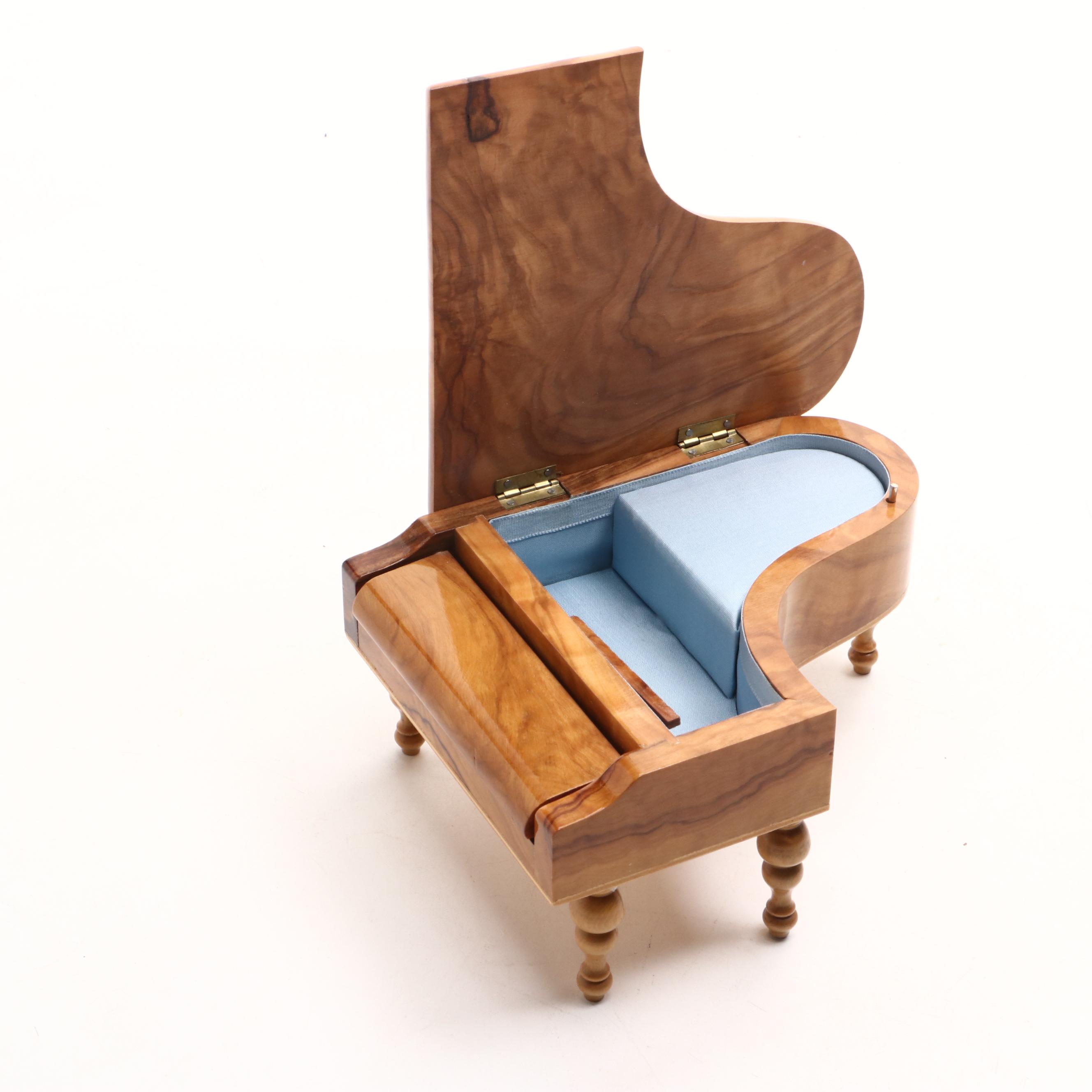 Santons de Provence Couple with Burled Wood Piano Shaped Music Box