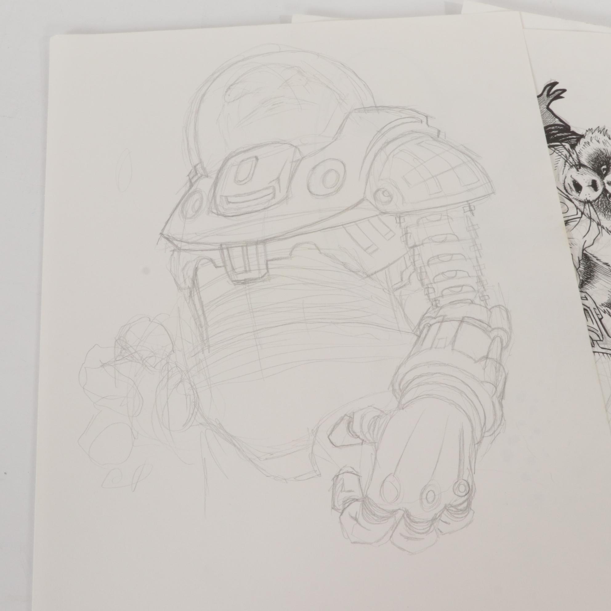 Dave Myers Comic Book Illustrations Featuring Batman and Rocket Raccoon, 21st C.