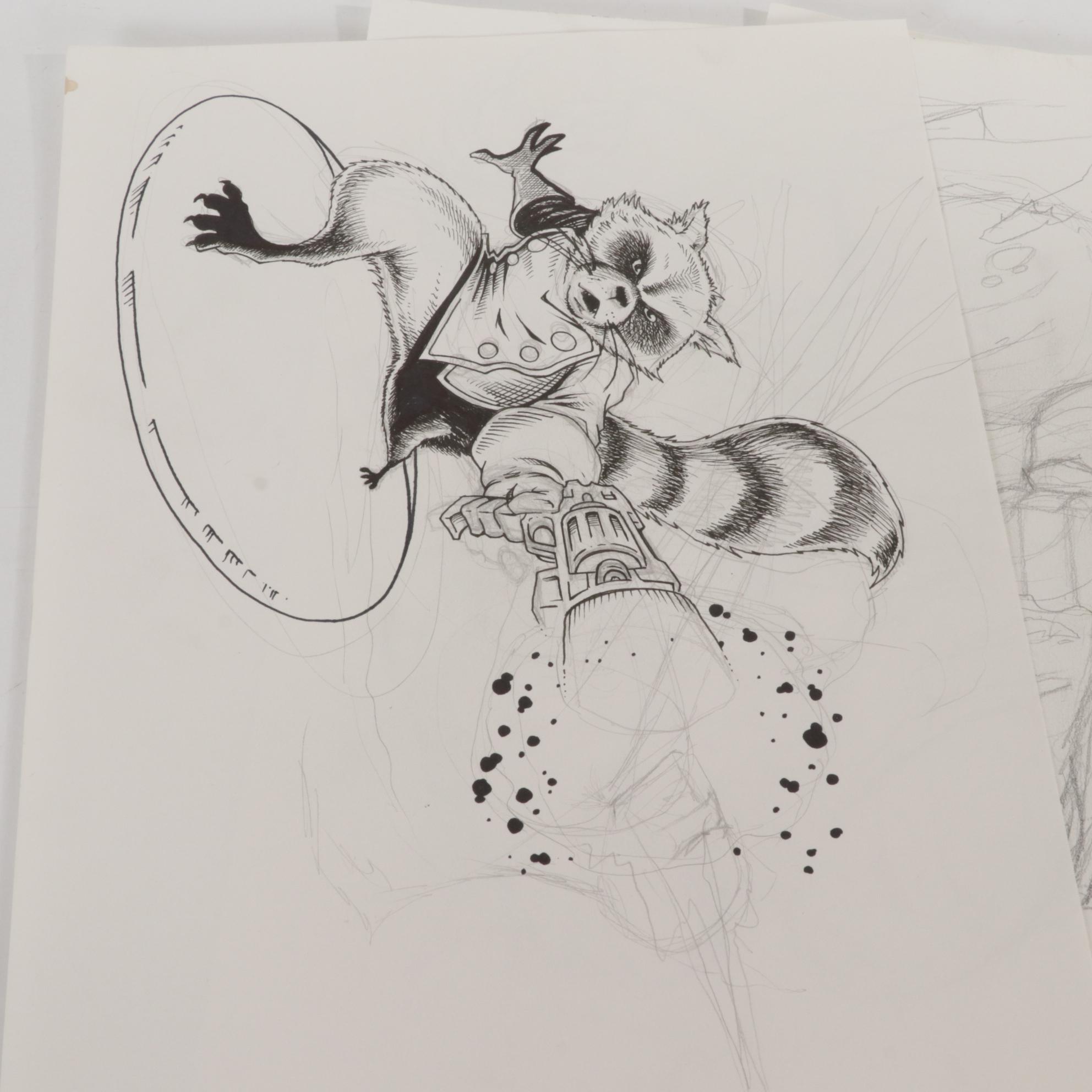 Dave Myers Comic Book Illustrations Featuring Batman and Rocket Raccoon, 21st C.