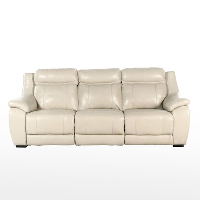 Ivory Leather Upholstered Reclining Sofa