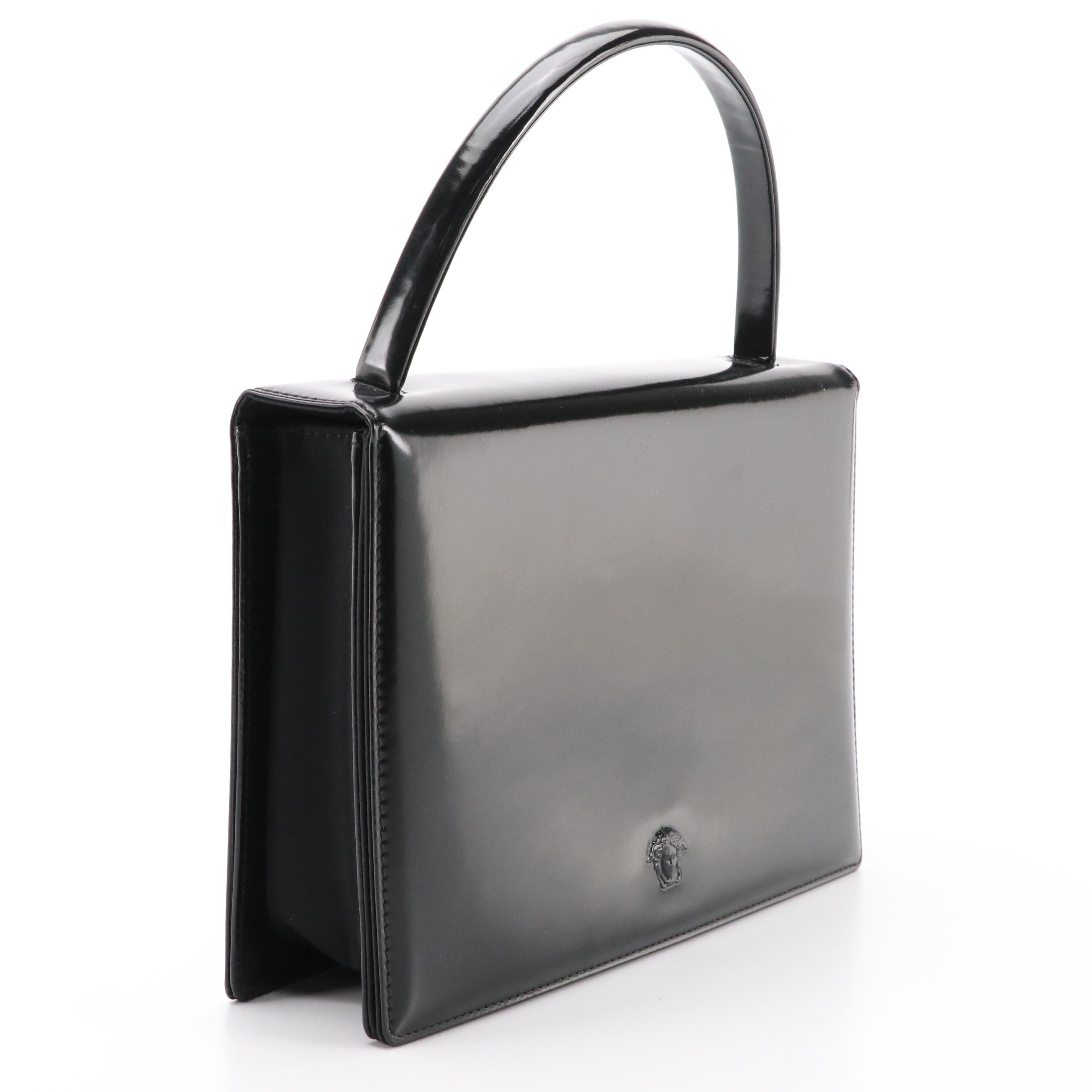 Gianni Versace Black Patent Leather and Nylon Front-Flap Top Handle Bag