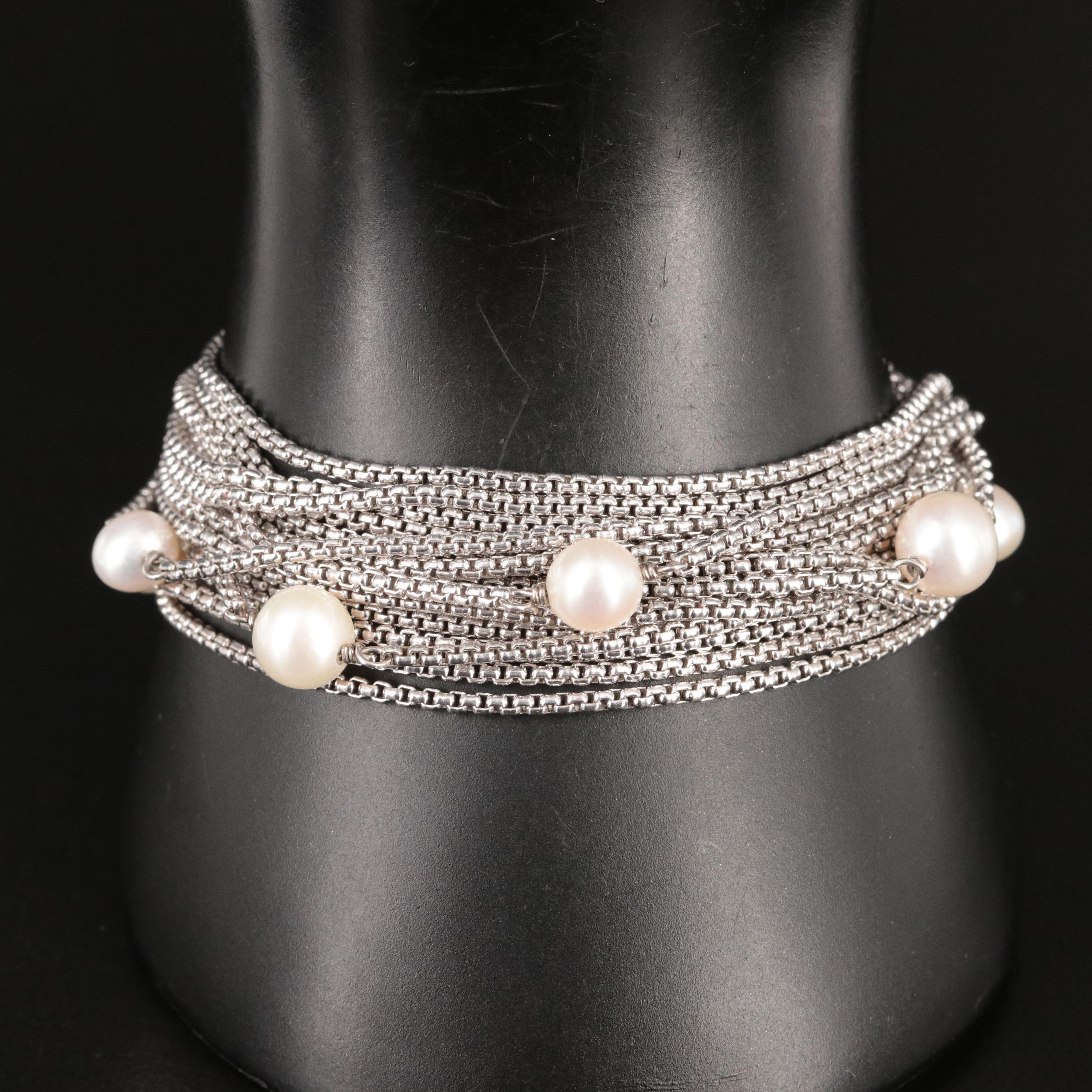 David Yurman Sterling Multi-Row Box Chain Bracelet with Pearls