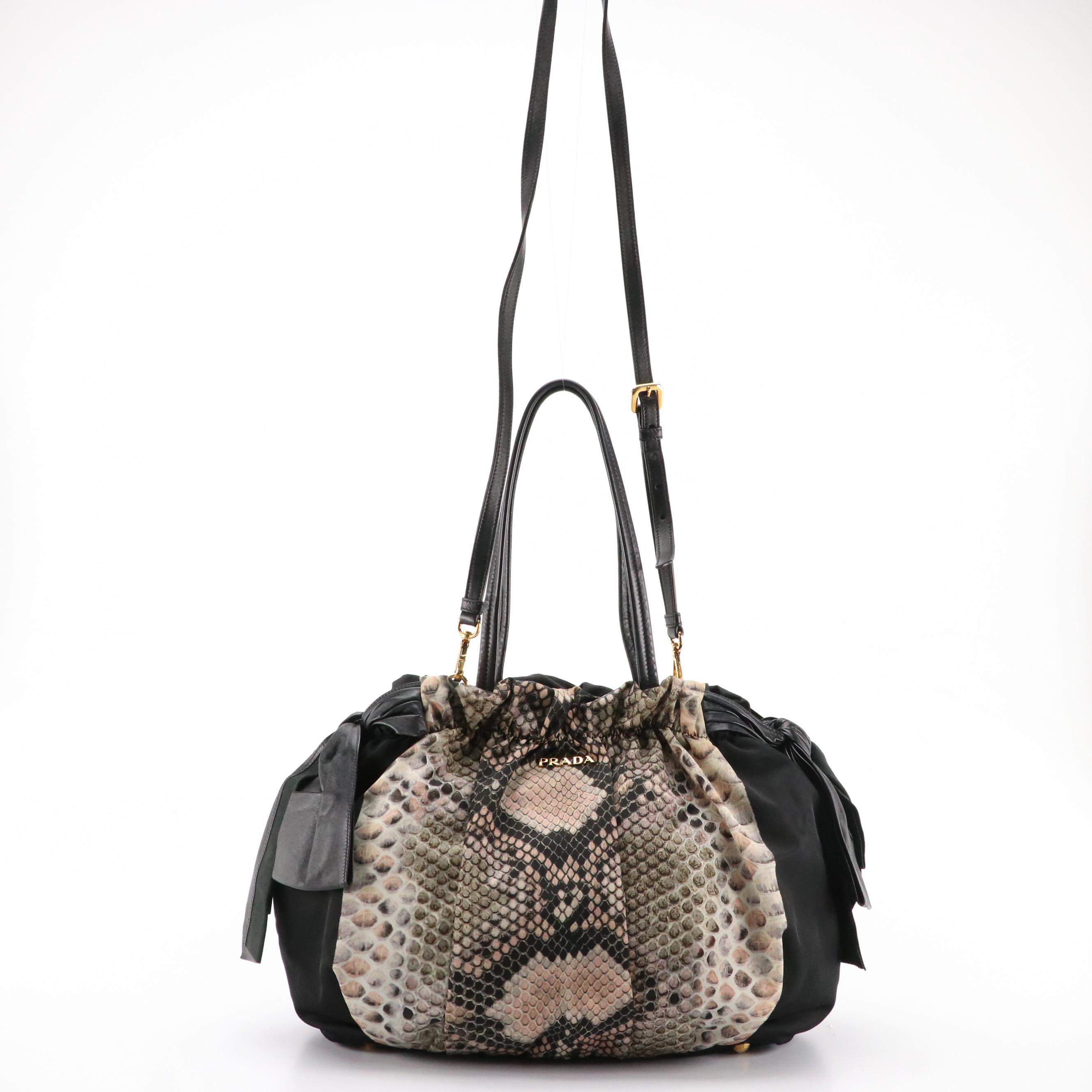 Prada Black Python Print Nylon Two-Way Shoulder Bag With Leather Bow Accents