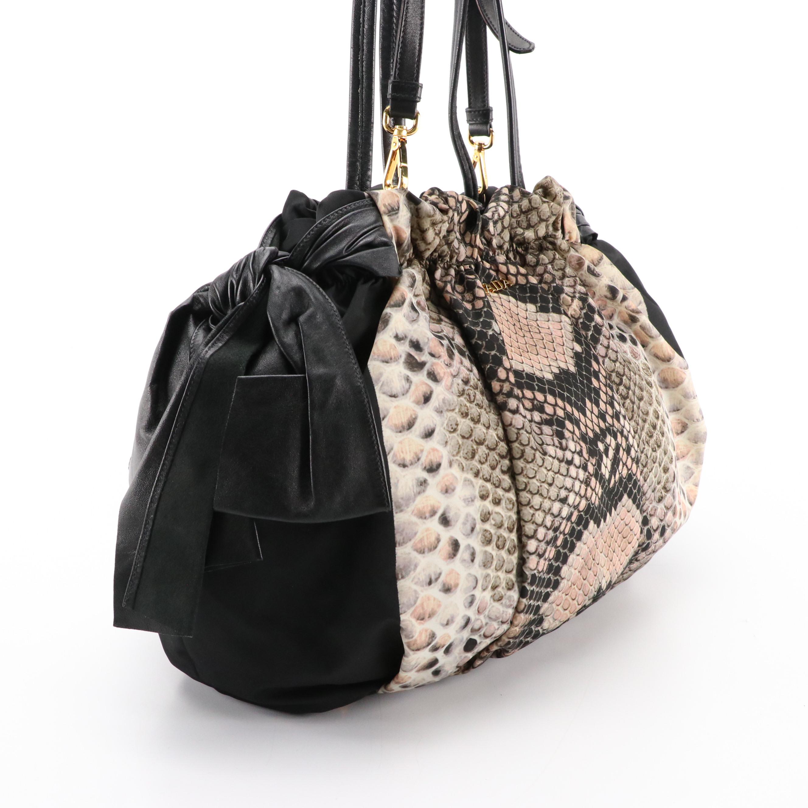 Prada Black Python Print Nylon Two-Way Shoulder Bag With Leather Bow Accents